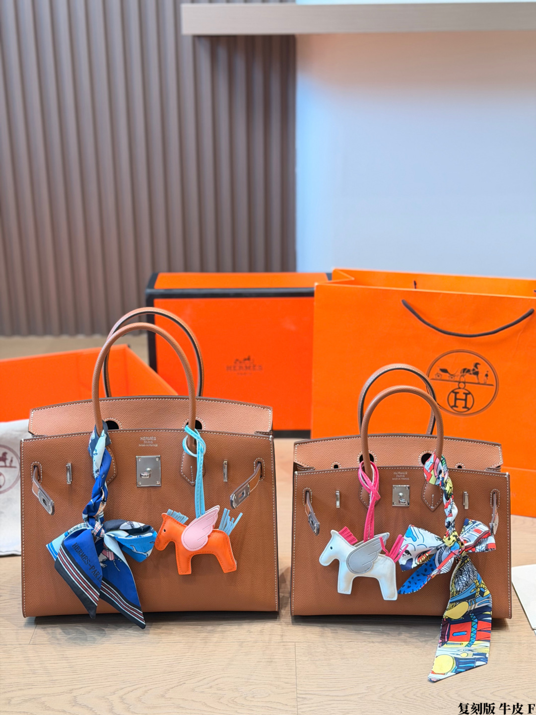 Luxury Birkin-Style 25cm/30cm Full Calfskin Leather Handbag with Silk Scarf & Pegasus Charm