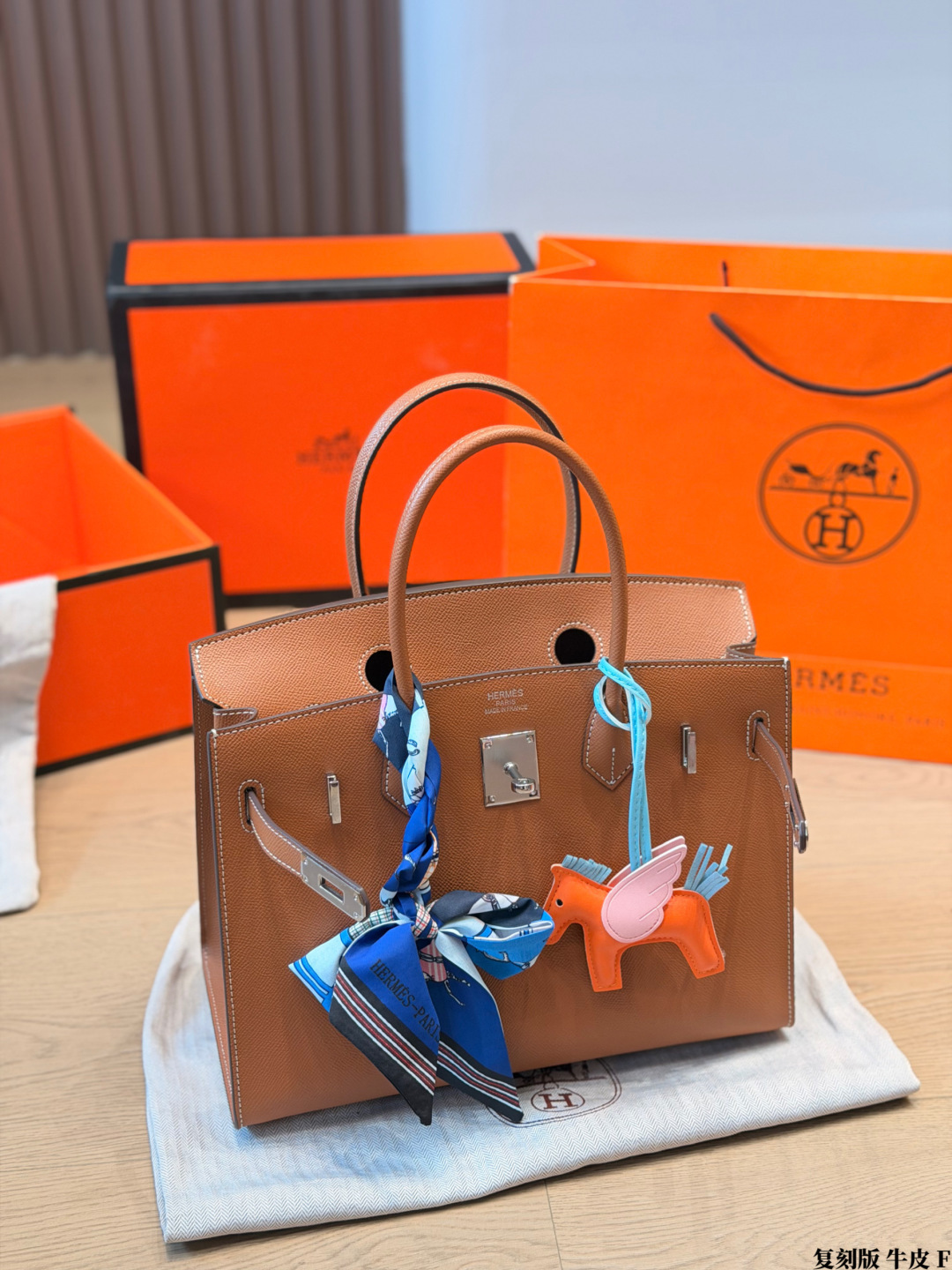 Luxury Birkin-Style 25cm/30cm Full Calfskin Leather Handbag with Silk Scarf & Pegasus Charm