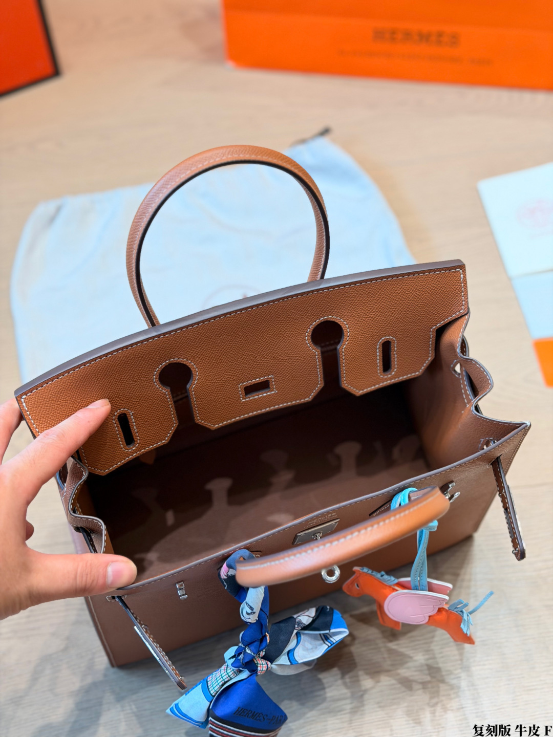 Luxury Birkin-Style 25cm/30cm Full Calfskin Leather Handbag with Silk Scarf & Pegasus Charm