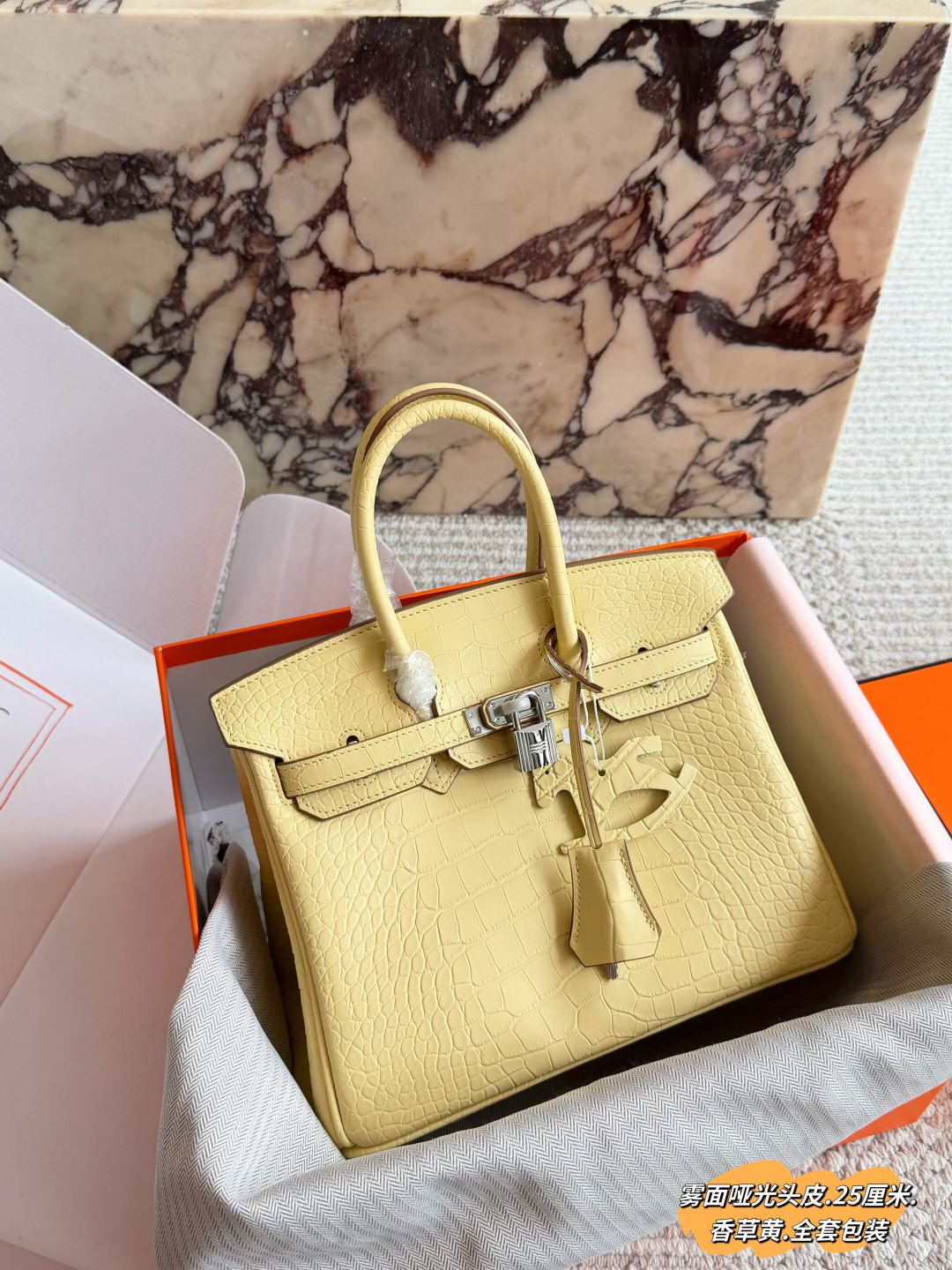 Luxury Birkin-Style 25cm TC Leather Handbag with Silk Scarf, Horse Charm & Full Packaging