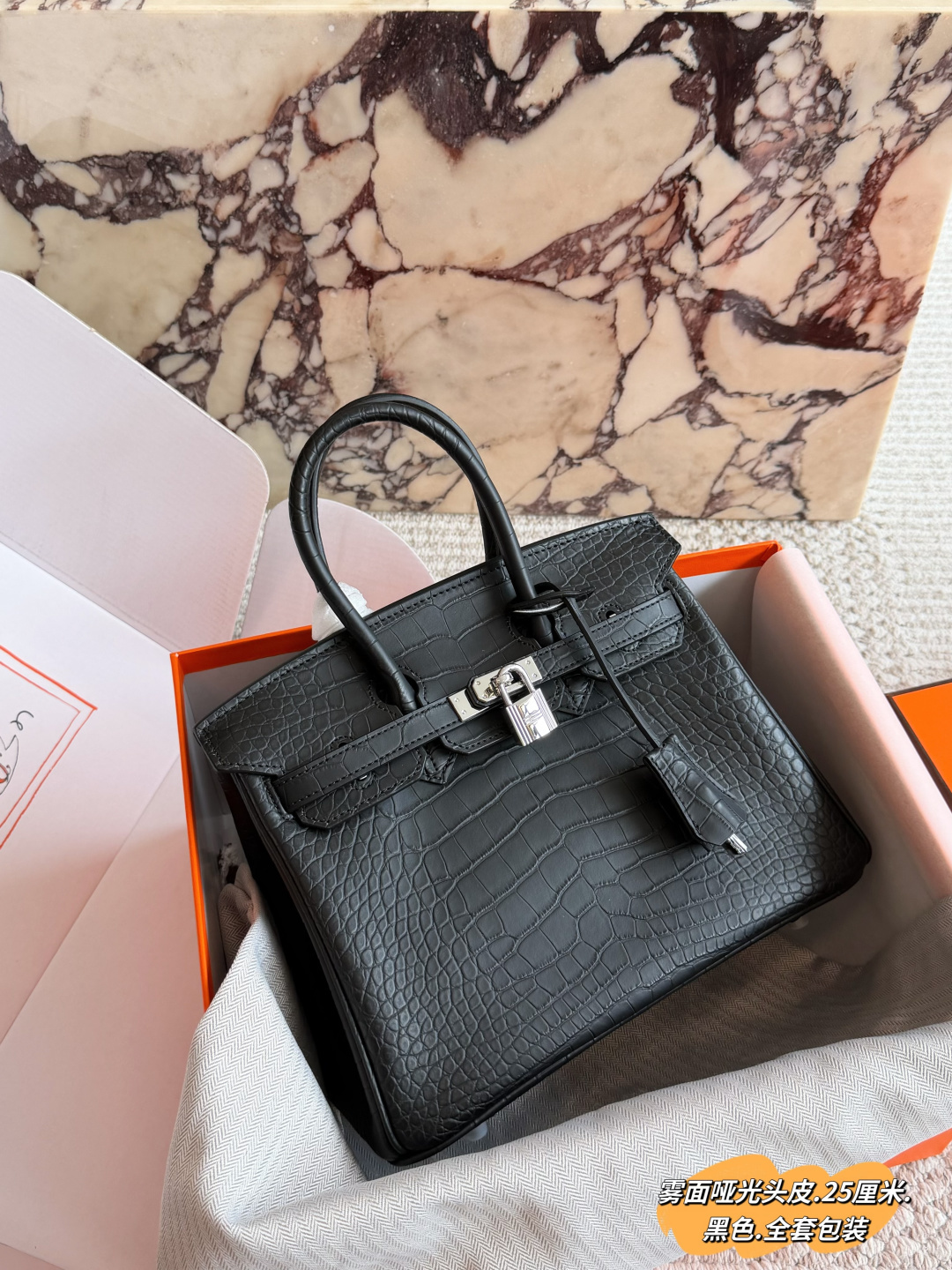 Luxury Birkin-Style 25cm TC Leather Handbag with Silk Scarf, Horse Charm & Full Packaging