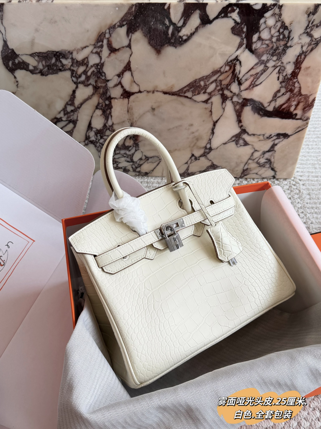 Luxury Birkin-Style 25cm TC Leather Handbag with Silk Scarf, Horse Charm & Full Packaging