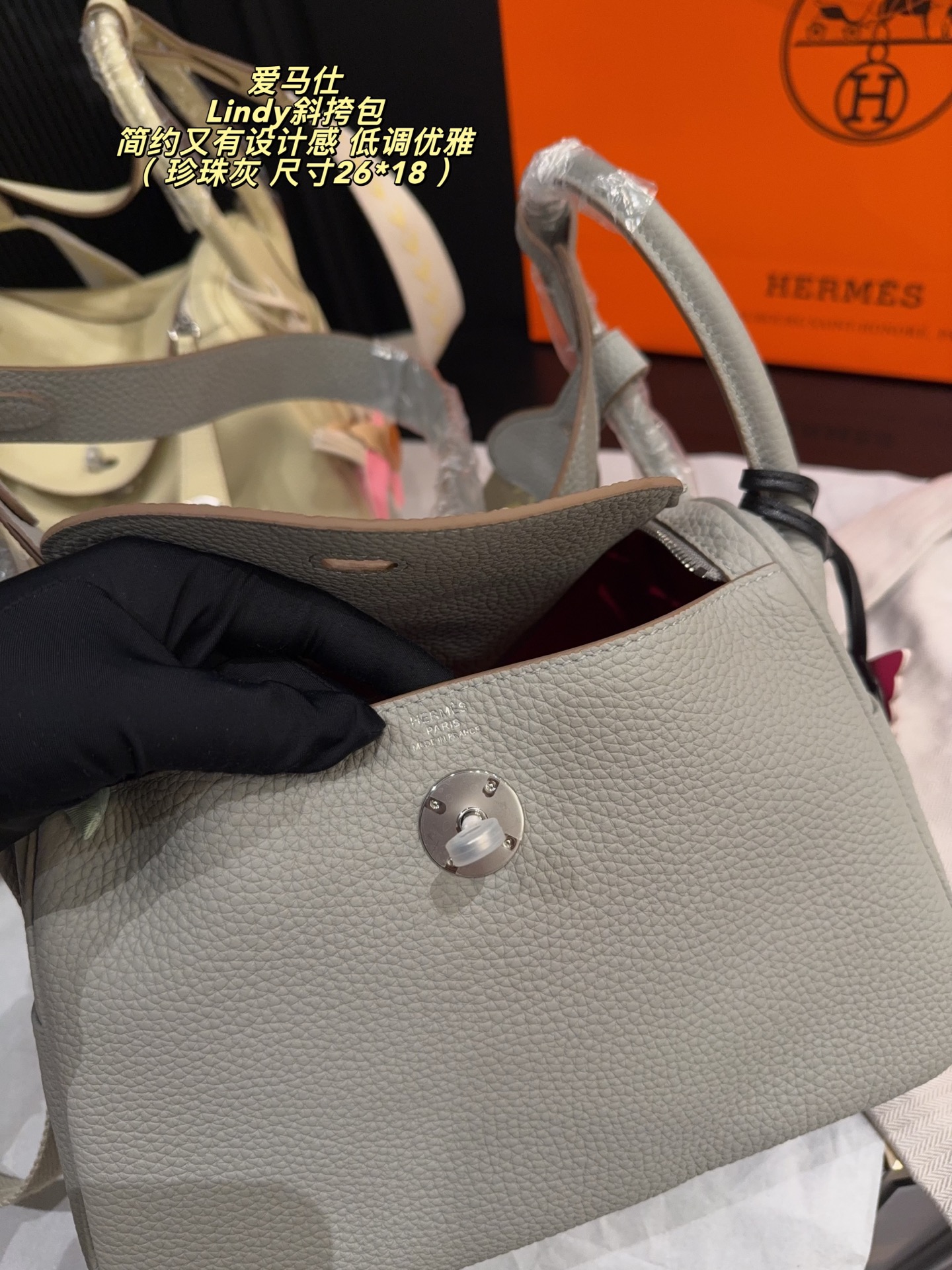 Lindy-Style 26cm Pearl Grey Textured Leather Crossbody Bag with Silk Scarf  Silver Hardware