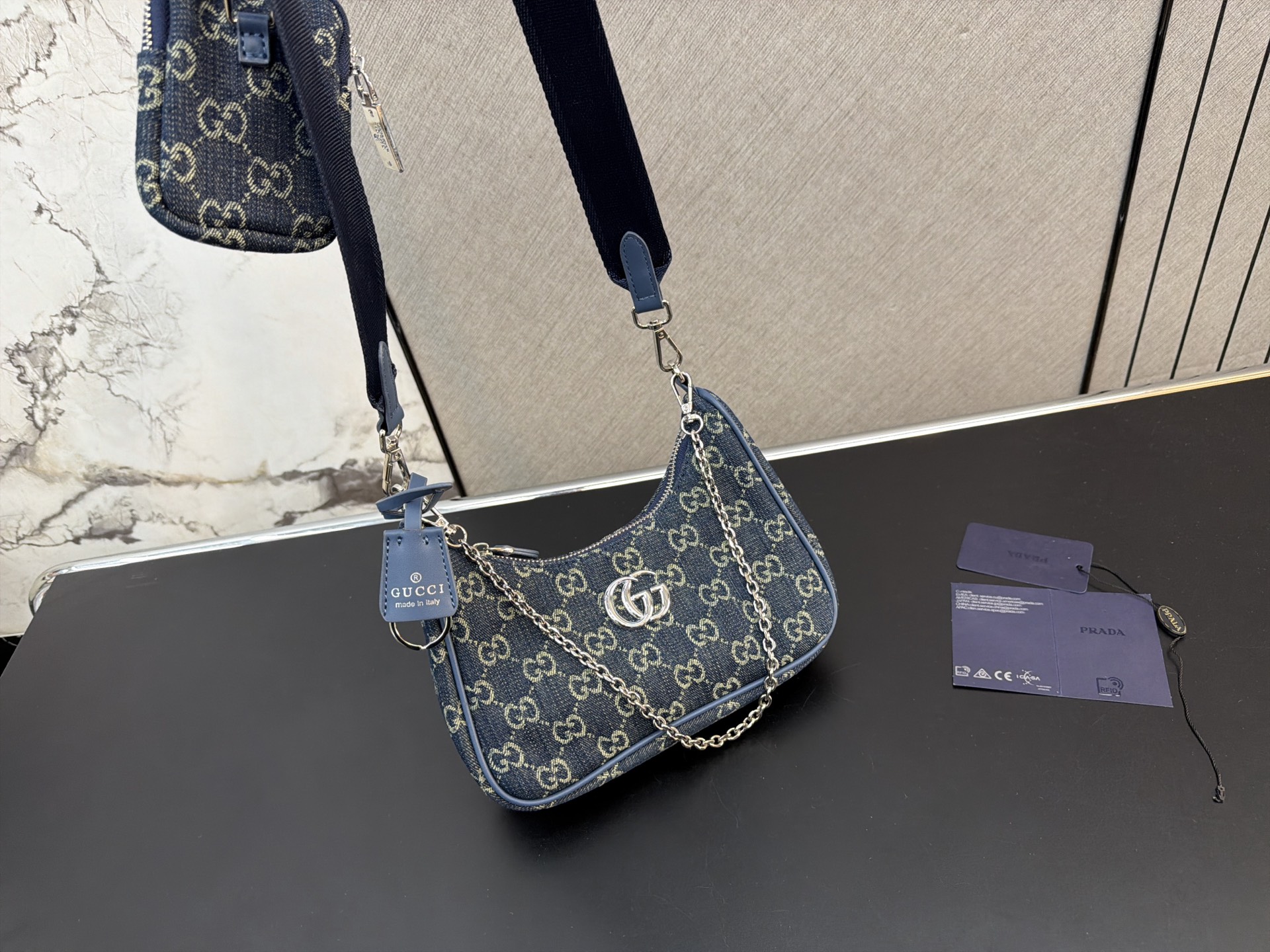 3-in-1 Monogram Canvas Crossbody Bag with Wide Strap, Chain & Detachable Coin Purse (Navy Blue)