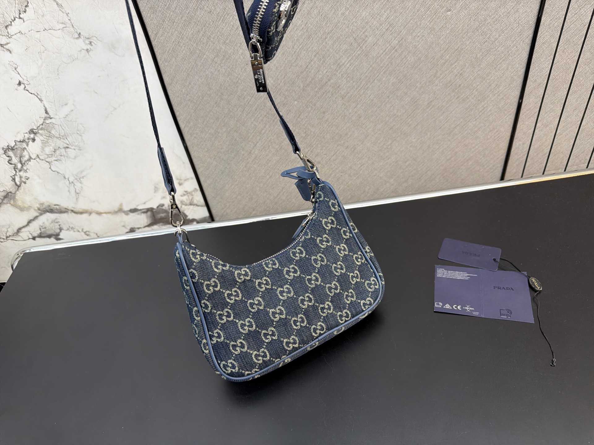 3-in-1 Monogram Canvas Crossbody Bag with Wide Strap, Chain & Detachable Coin Purse (Navy Blue)