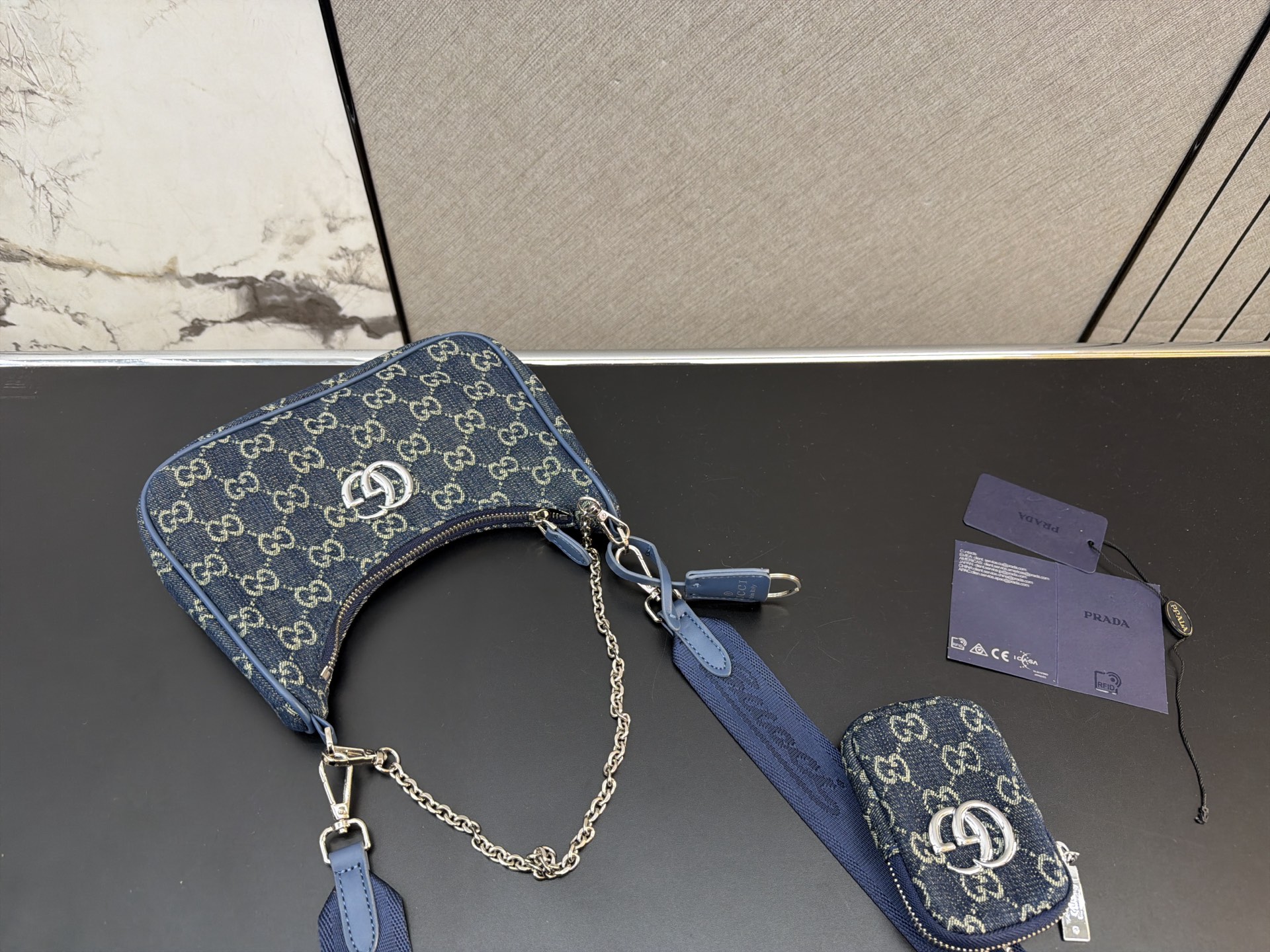 3-in-1 Monogram Canvas Crossbody Bag with Wide Strap, Chain & Detachable Coin Purse (Navy Blue)