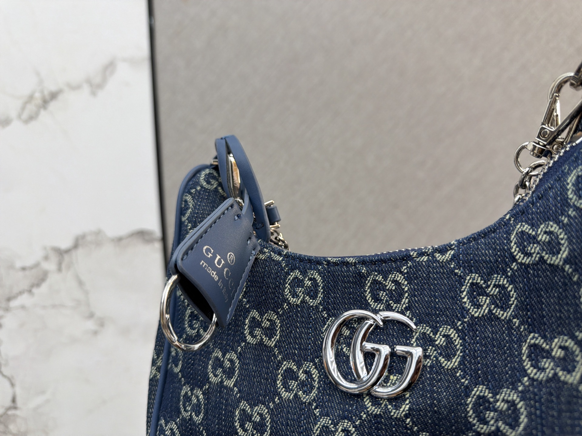 3-in-1 Monogram Canvas Crossbody Bag with Wide Strap, Chain & Detachable Coin Purse (Navy Blue)