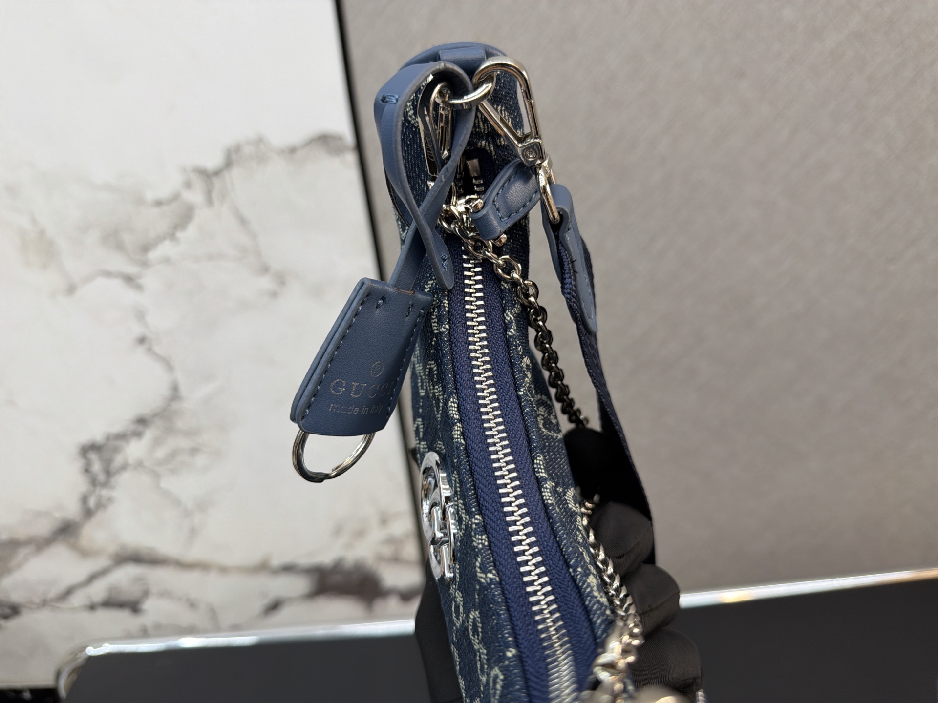 3-in-1 Monogram Canvas Crossbody Bag with Wide Strap, Chain & Detachable Coin Purse (Navy Blue)