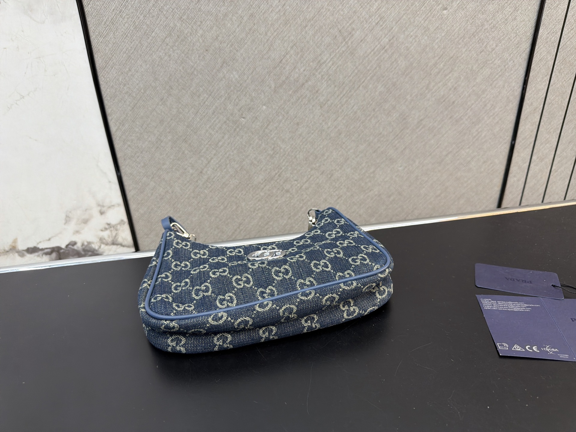 3-in-1 Monogram Canvas Crossbody Bag with Wide Strap, Chain & Detachable Coin Purse (Navy Blue)