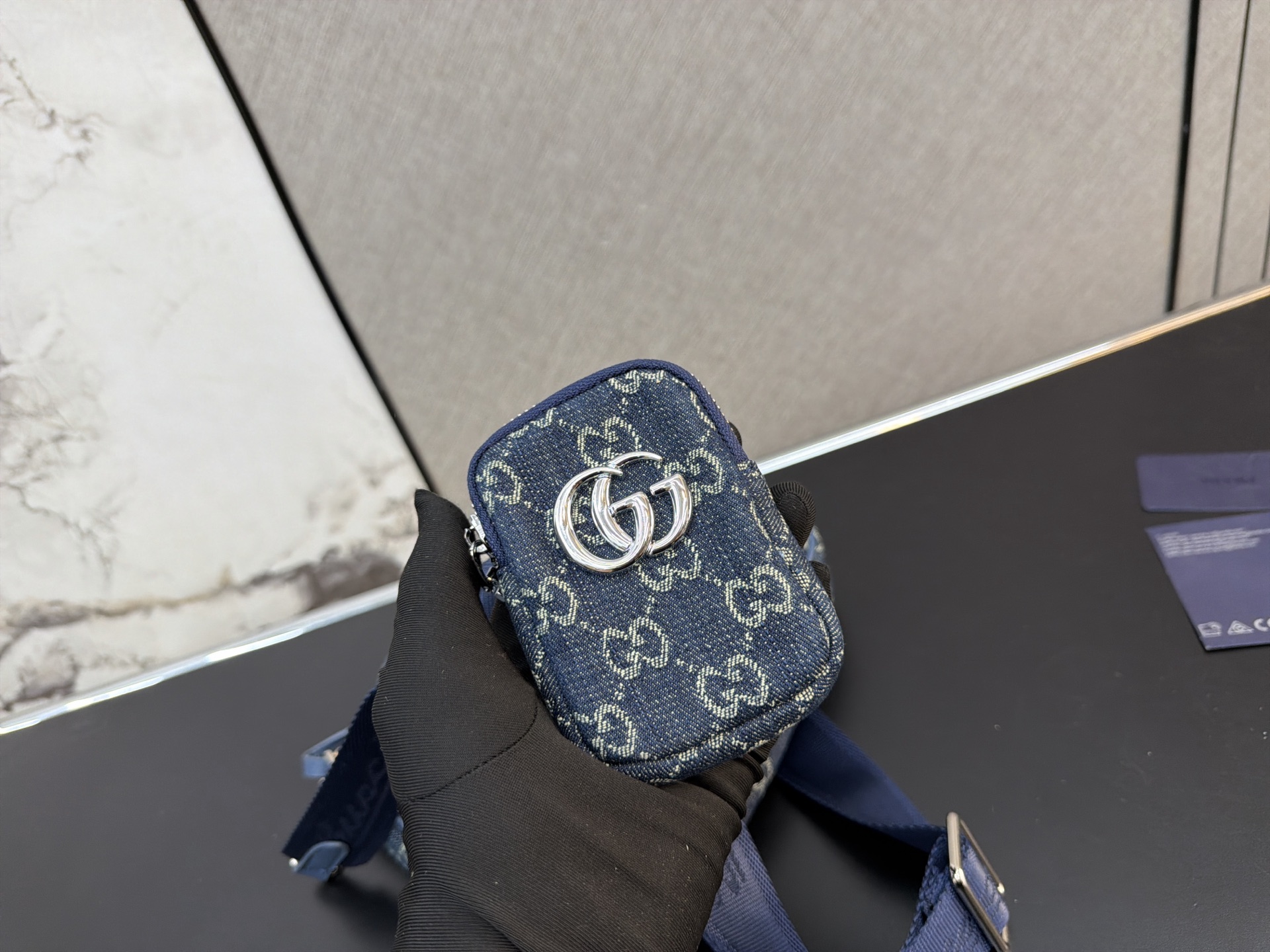 3-in-1 Monogram Canvas Crossbody Bag with Wide Strap, Chain & Detachable Coin Purse (Navy Blue)