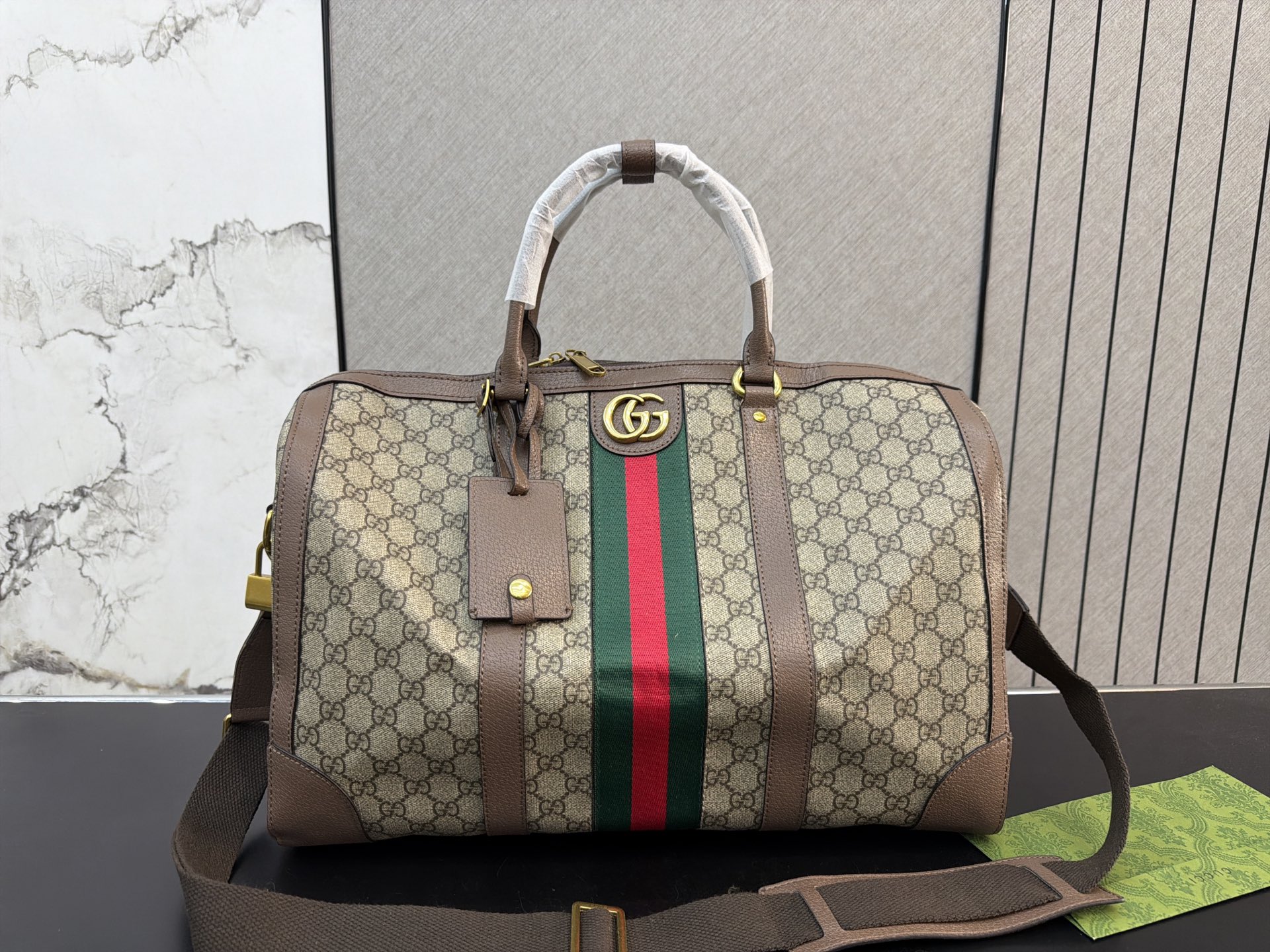 Chic GG-Style Monogram Canvas Boston Bag with Web Stripe, Leather Trim & Dust Bag