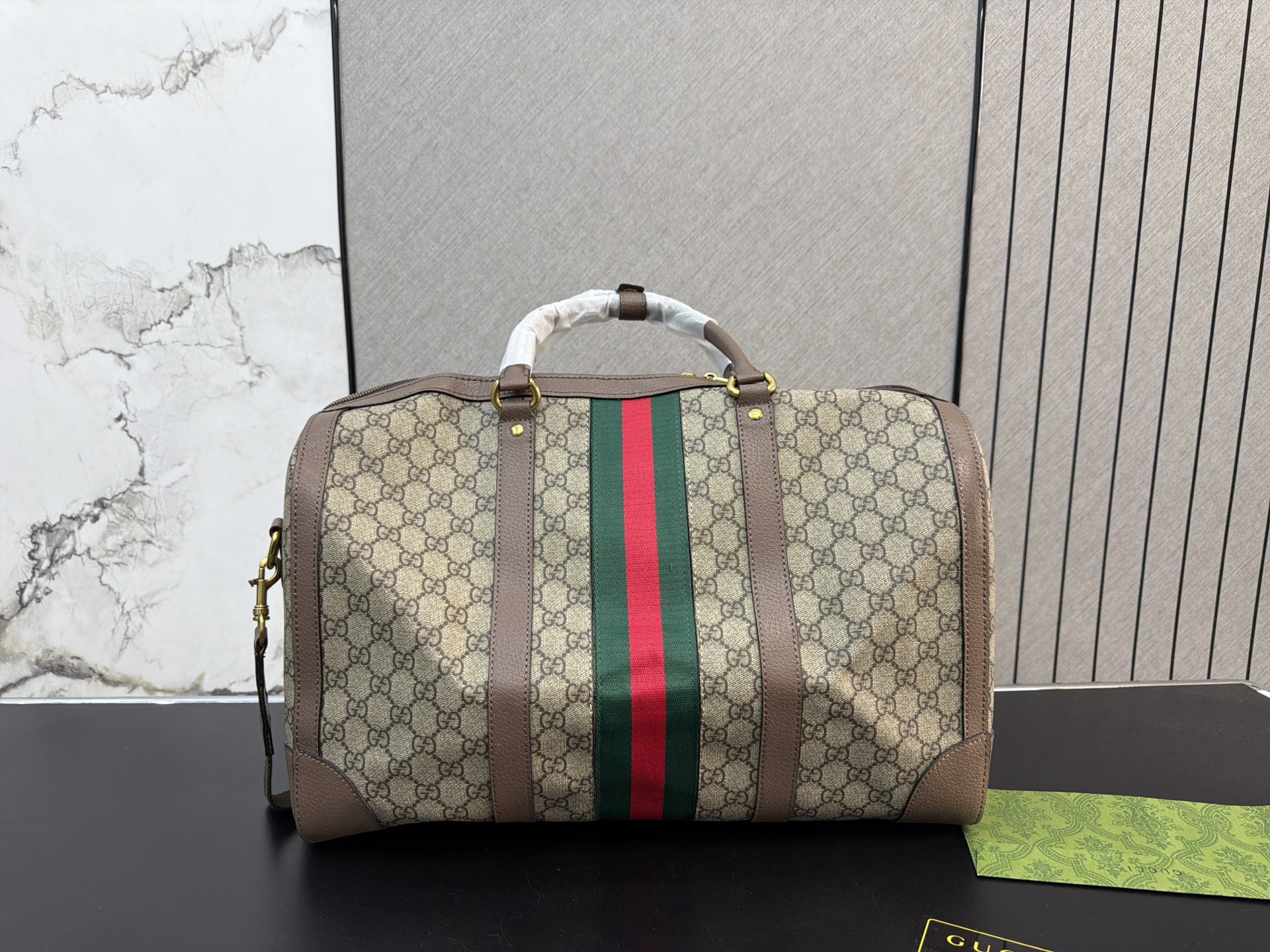 Chic GG-Style Monogram Canvas Boston Bag with Web Stripe, Leather Trim & Dust Bag