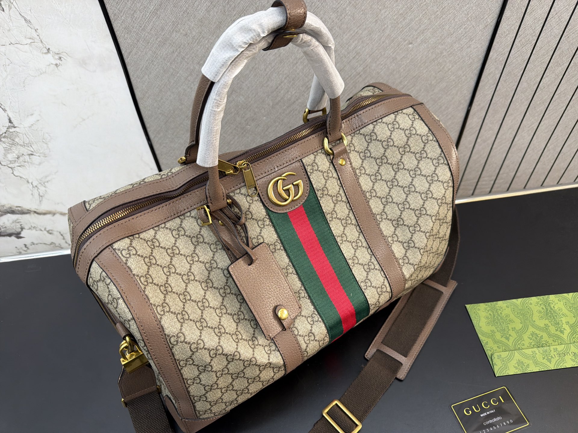 Chic GG-Style Monogram Canvas Boston Bag with Web Stripe, Leather Trim & Dust Bag