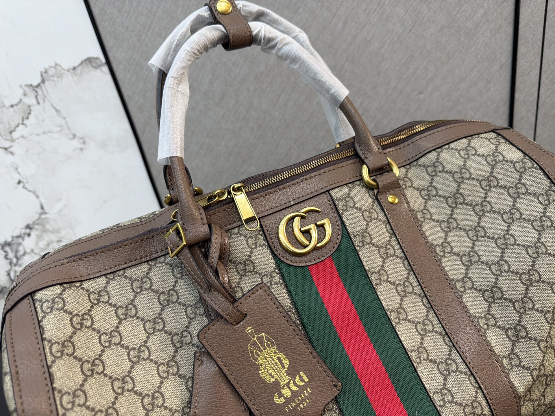 Chic GG-Style Monogram Canvas Boston Bag with Web Stripe, Leather Trim & Dust Bag