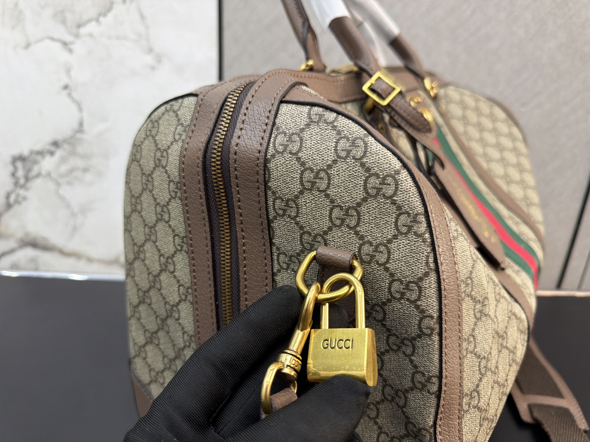 Chic GG-Style Monogram Canvas Boston Bag with Web Stripe, Leather Trim & Dust Bag
