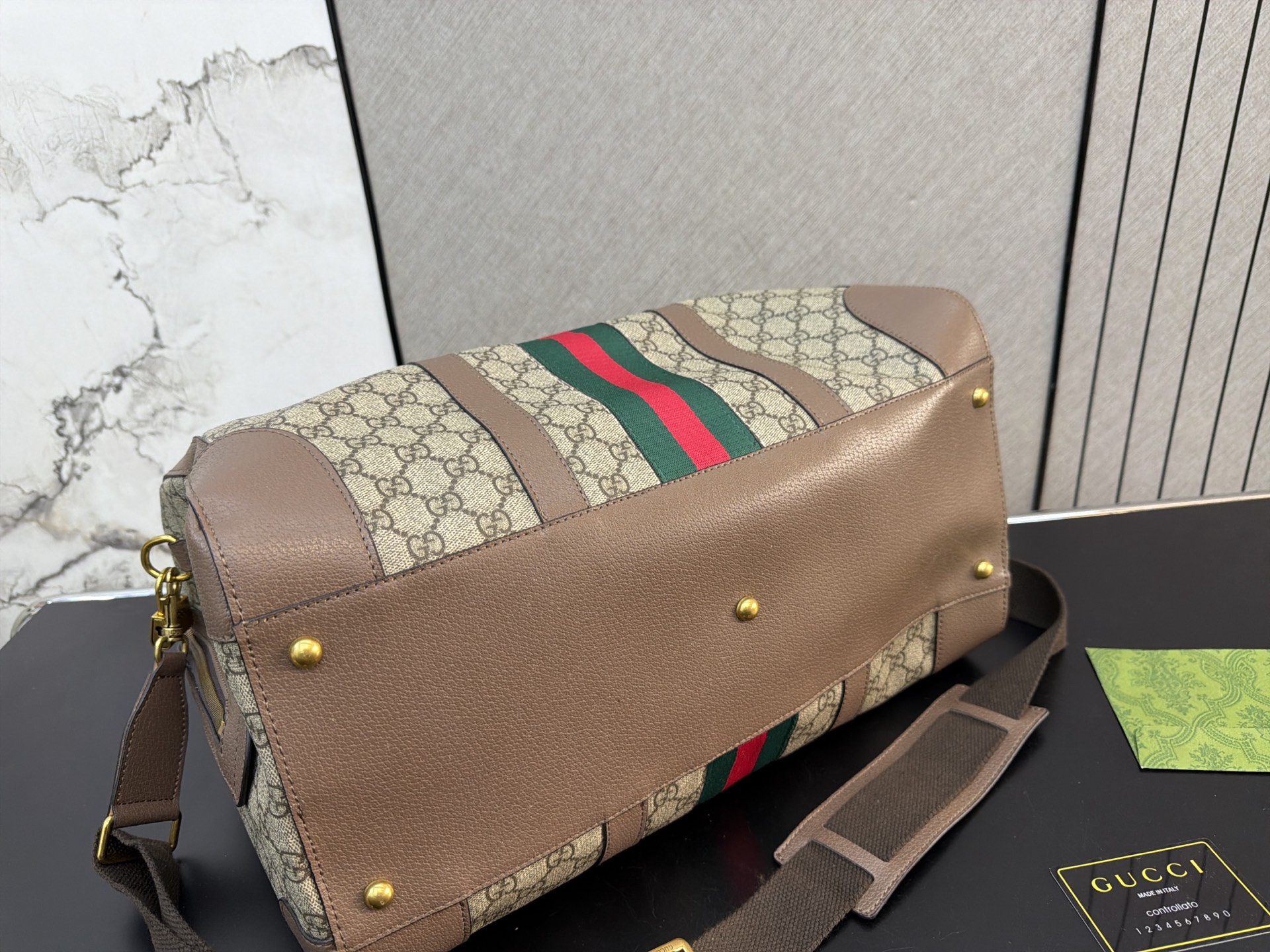 Chic GG-Style Monogram Canvas Boston Bag with Web Stripe, Leather Trim & Dust Bag