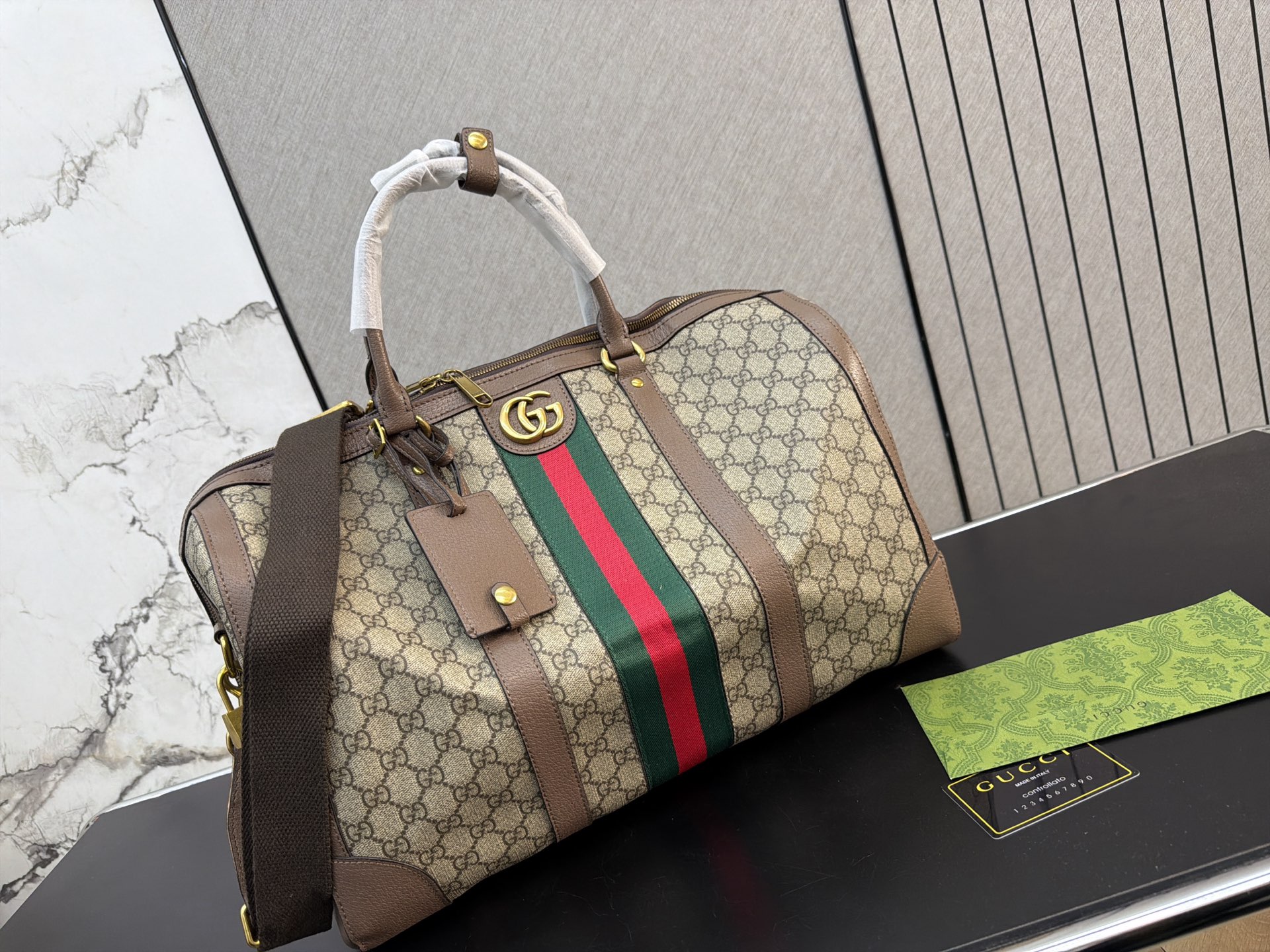 Chic GG-Style Monogram Canvas Boston Bag with Web Stripe, Leather Trim & Dust Bag
