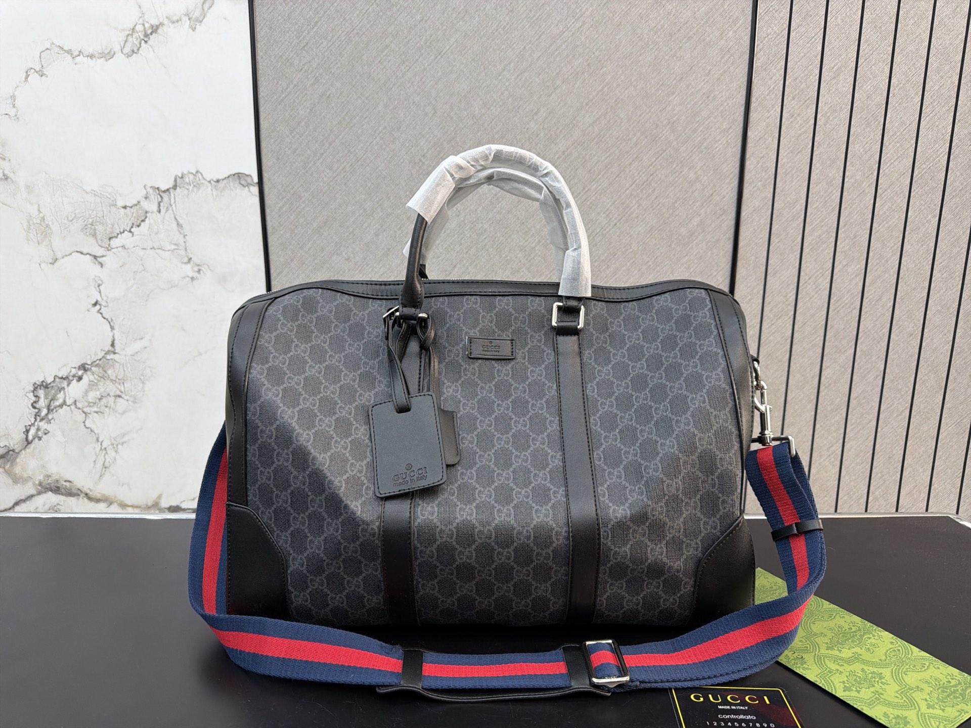 Chic GG-Style Monogram Canvas Boston Bag with Leather Trim  Web Strap (Black/Grey)