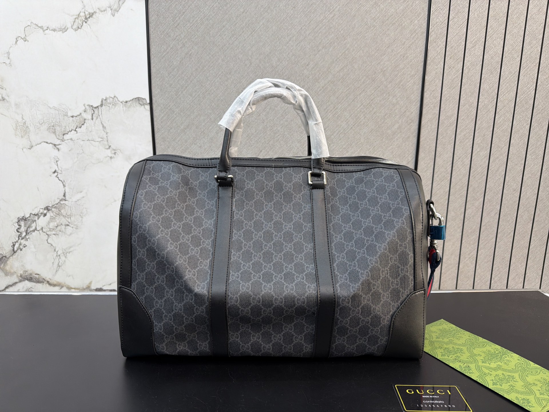Chic GG-Style Monogram Canvas Boston Bag with Leather Trim  Web Strap (Black/Grey)