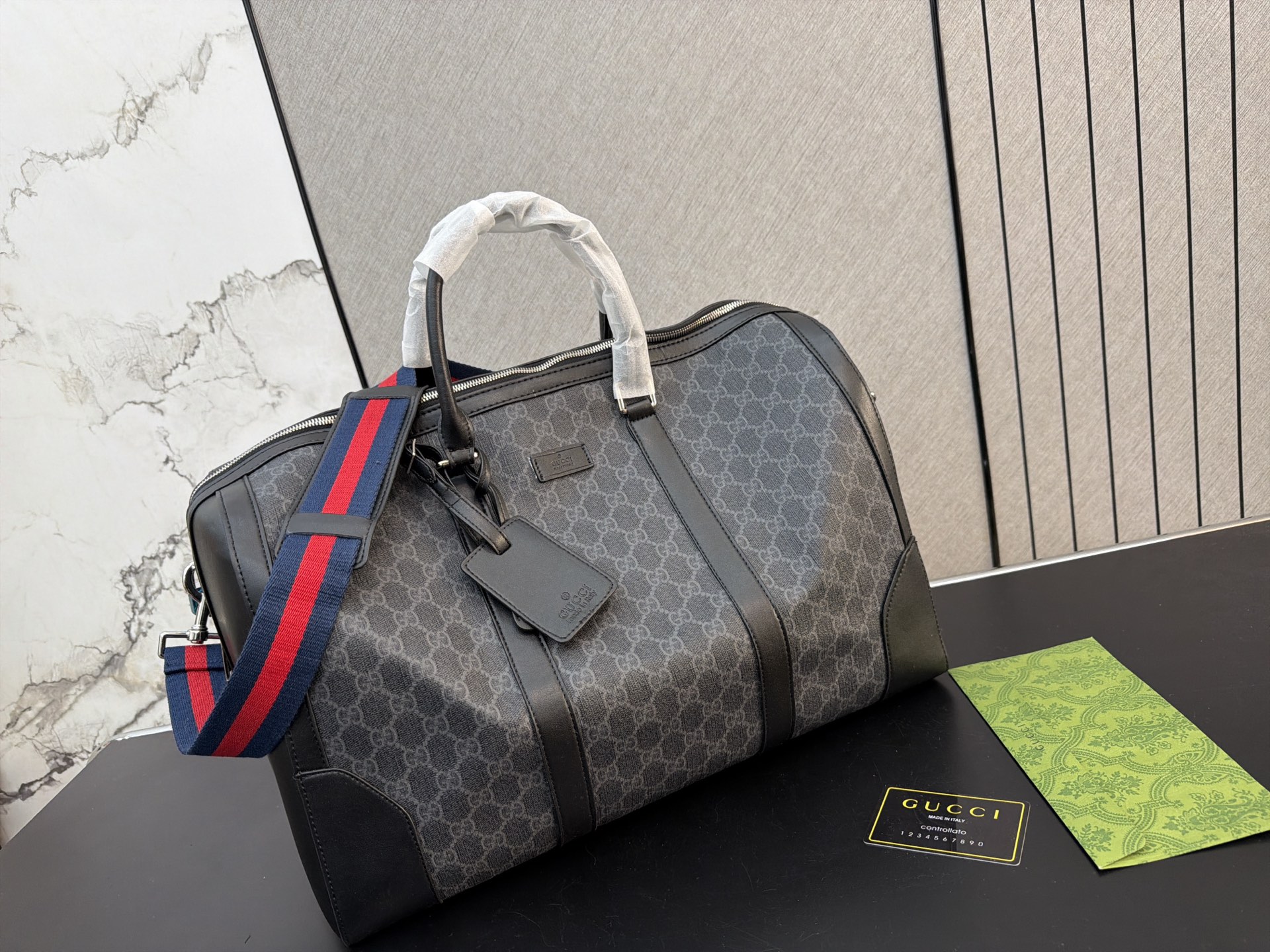 Chic GG-Style Monogram Canvas Boston Bag with Leather Trim  Web Strap (Black/Grey)
