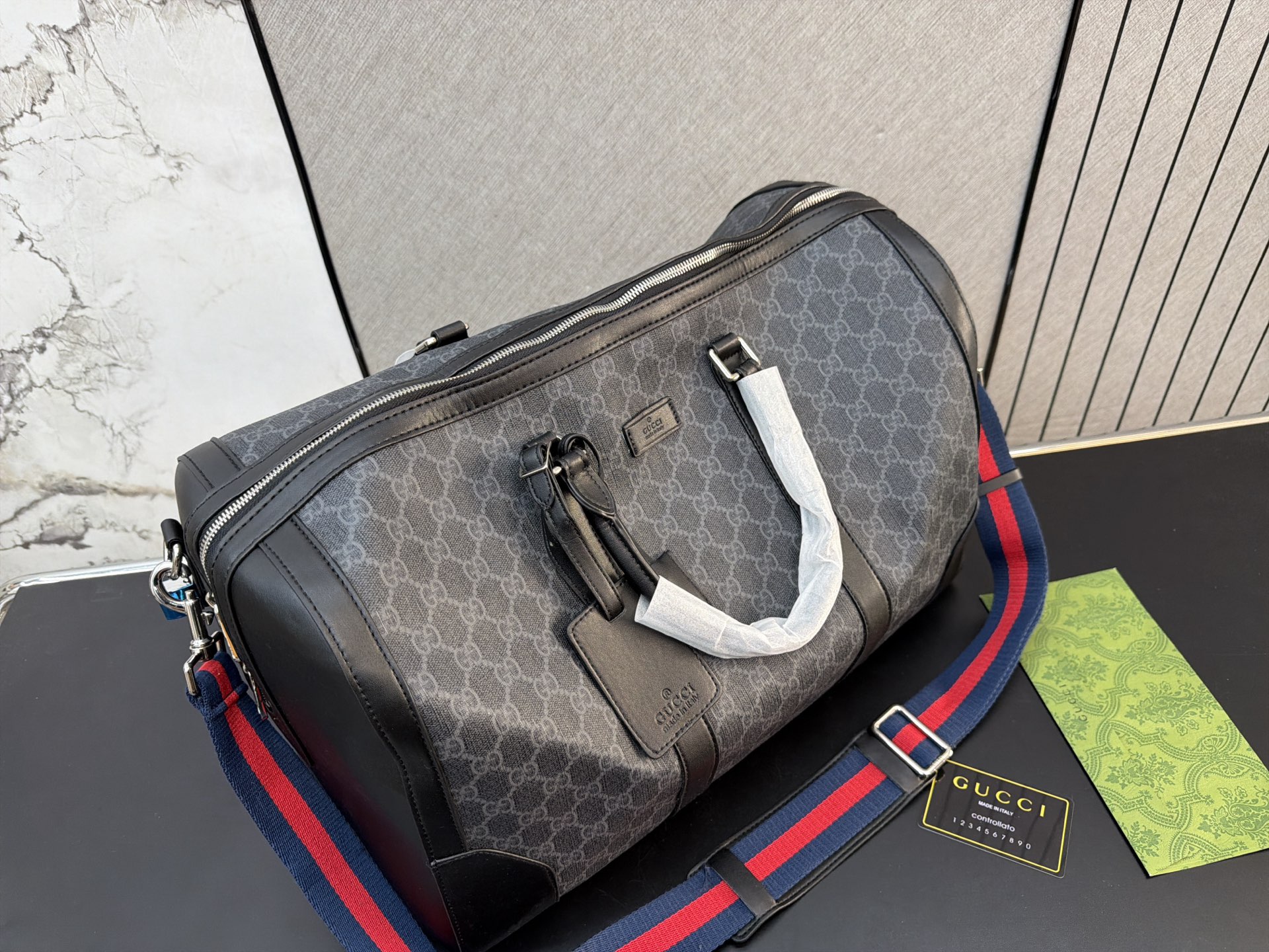 Chic GG-Style Monogram Canvas Boston Bag with Leather Trim  Web Strap (Black/Grey)