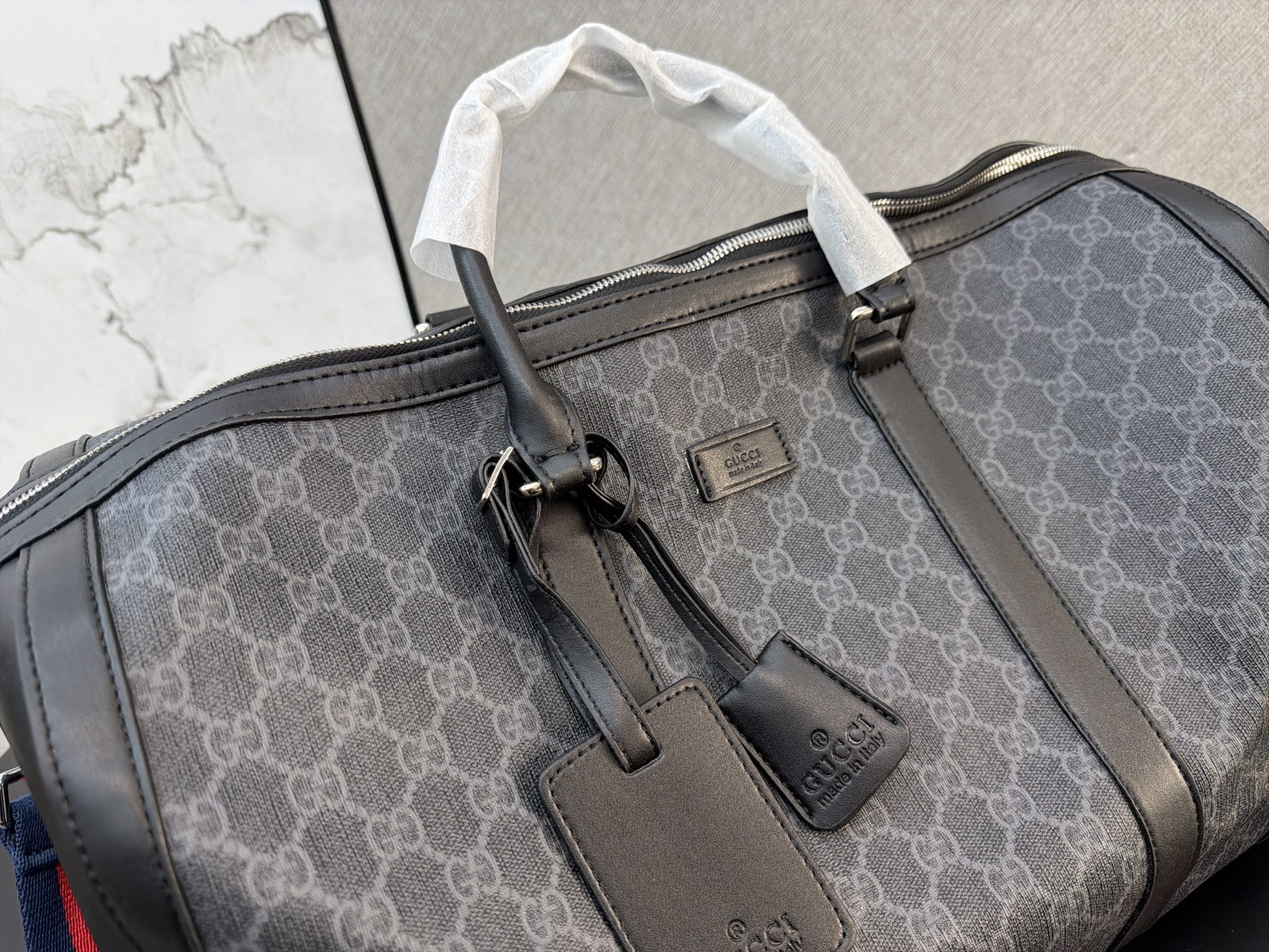Chic GG-Style Monogram Canvas Boston Bag with Leather Trim  Web Strap (Black/Grey)
