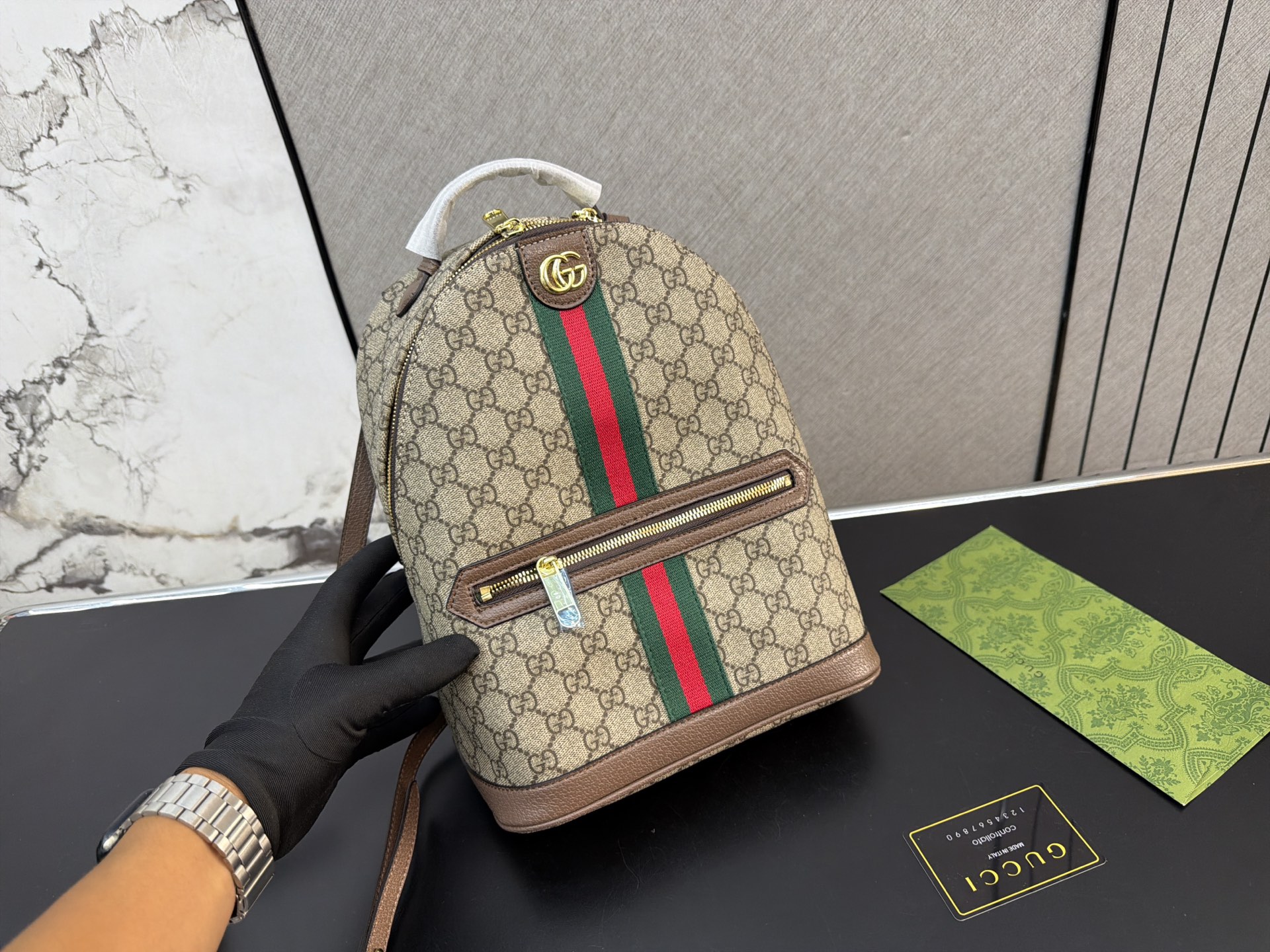Chic Ophidia-Style Monogram Canvas Backpack with Web Stripe, Gold Hardware & Front Pocket