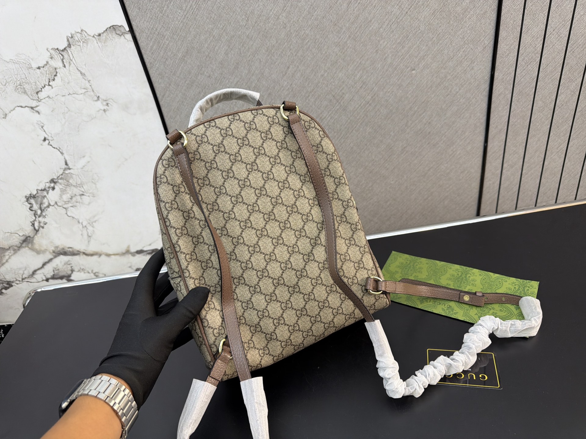 Chic Ophidia-Style Monogram Canvas Backpack with Web Stripe, Gold Hardware & Front Pocket