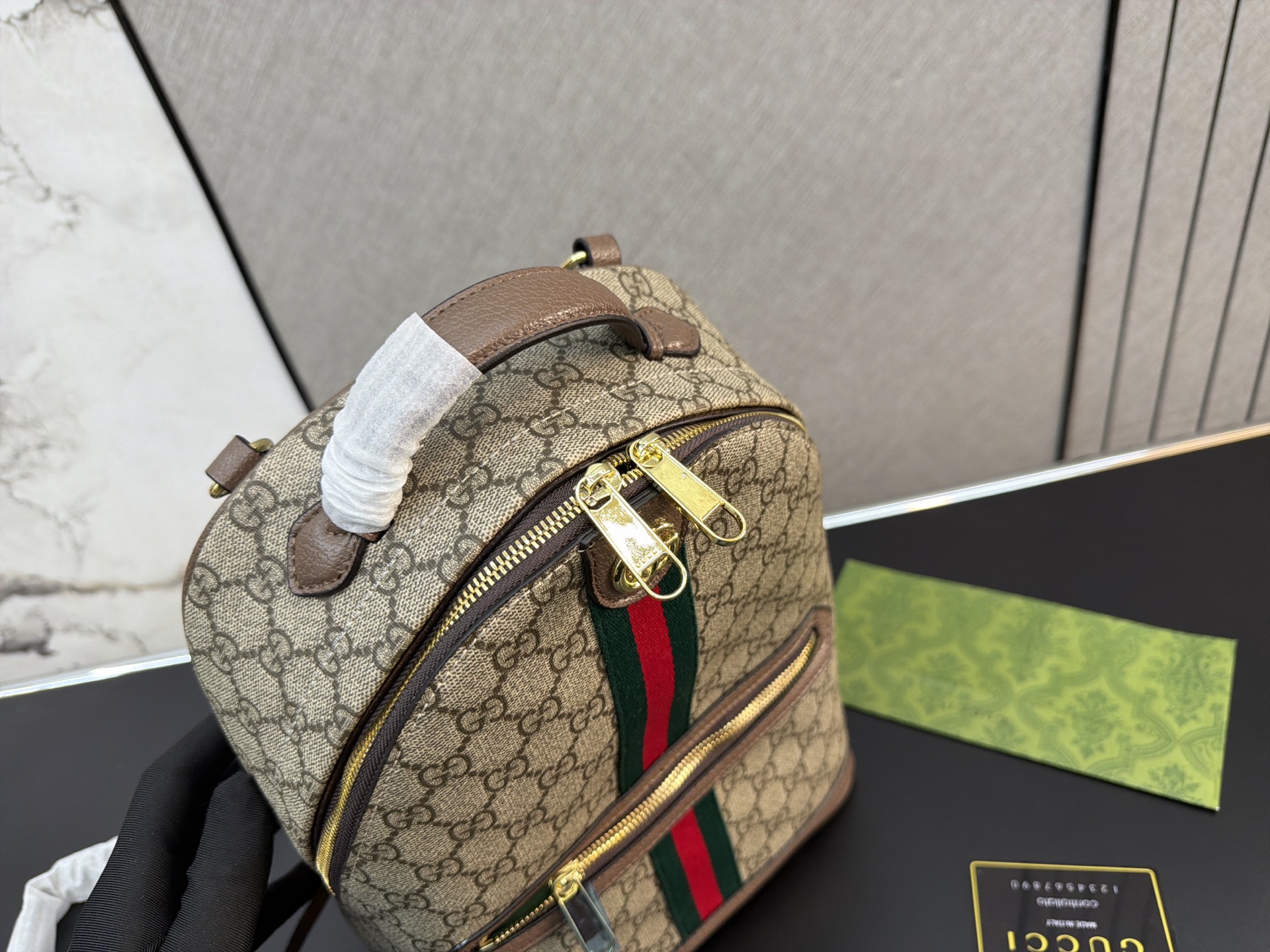 Chic Ophidia-Style Monogram Canvas Backpack with Web Stripe, Gold Hardware & Front Pocket