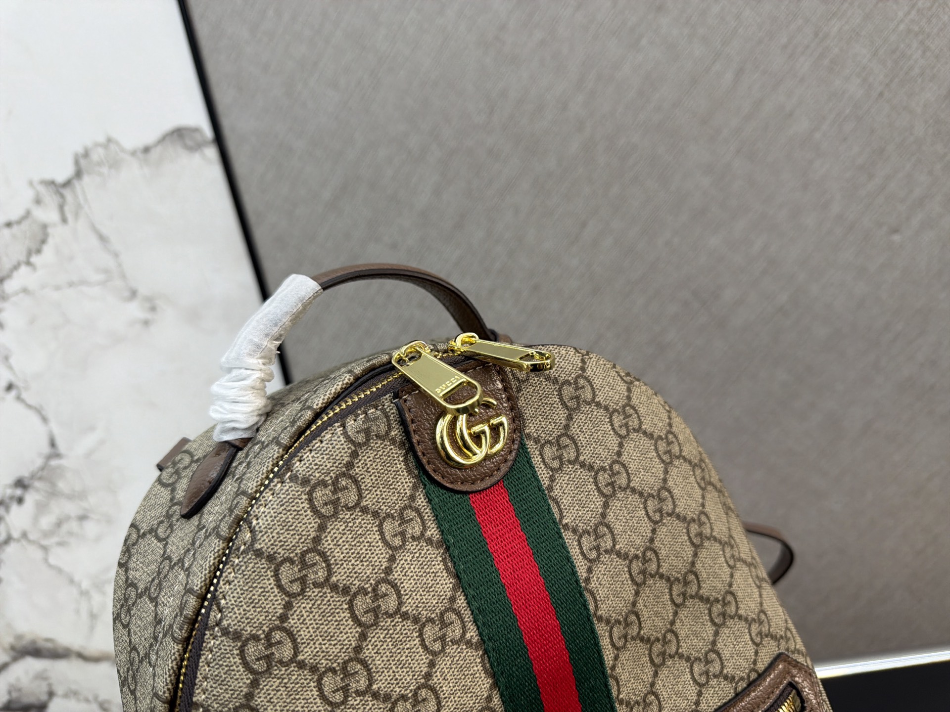 Chic Ophidia-Style Monogram Canvas Backpack with Web Stripe, Gold Hardware & Front Pocket