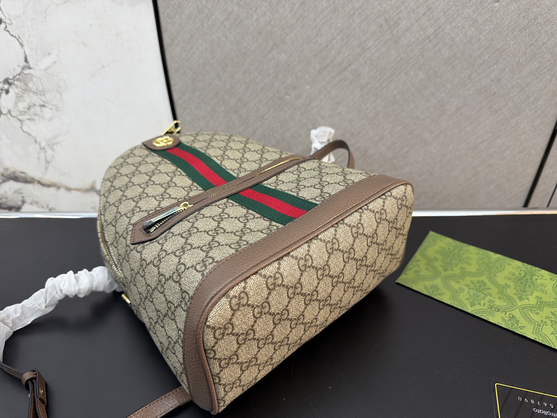 Chic Ophidia-Style Monogram Canvas Backpack with Web Stripe, Gold Hardware & Front Pocket