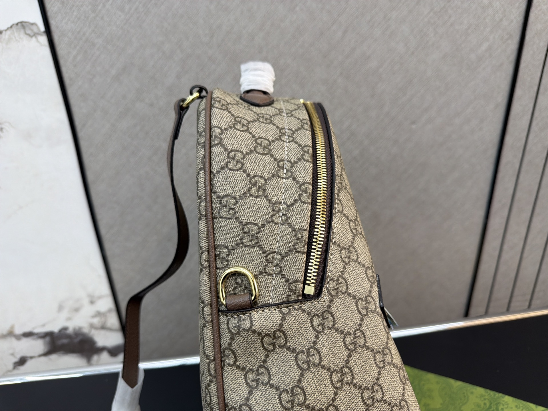 Chic Ophidia-Style Monogram Canvas Backpack with Web Stripe, Gold Hardware & Front Pocket