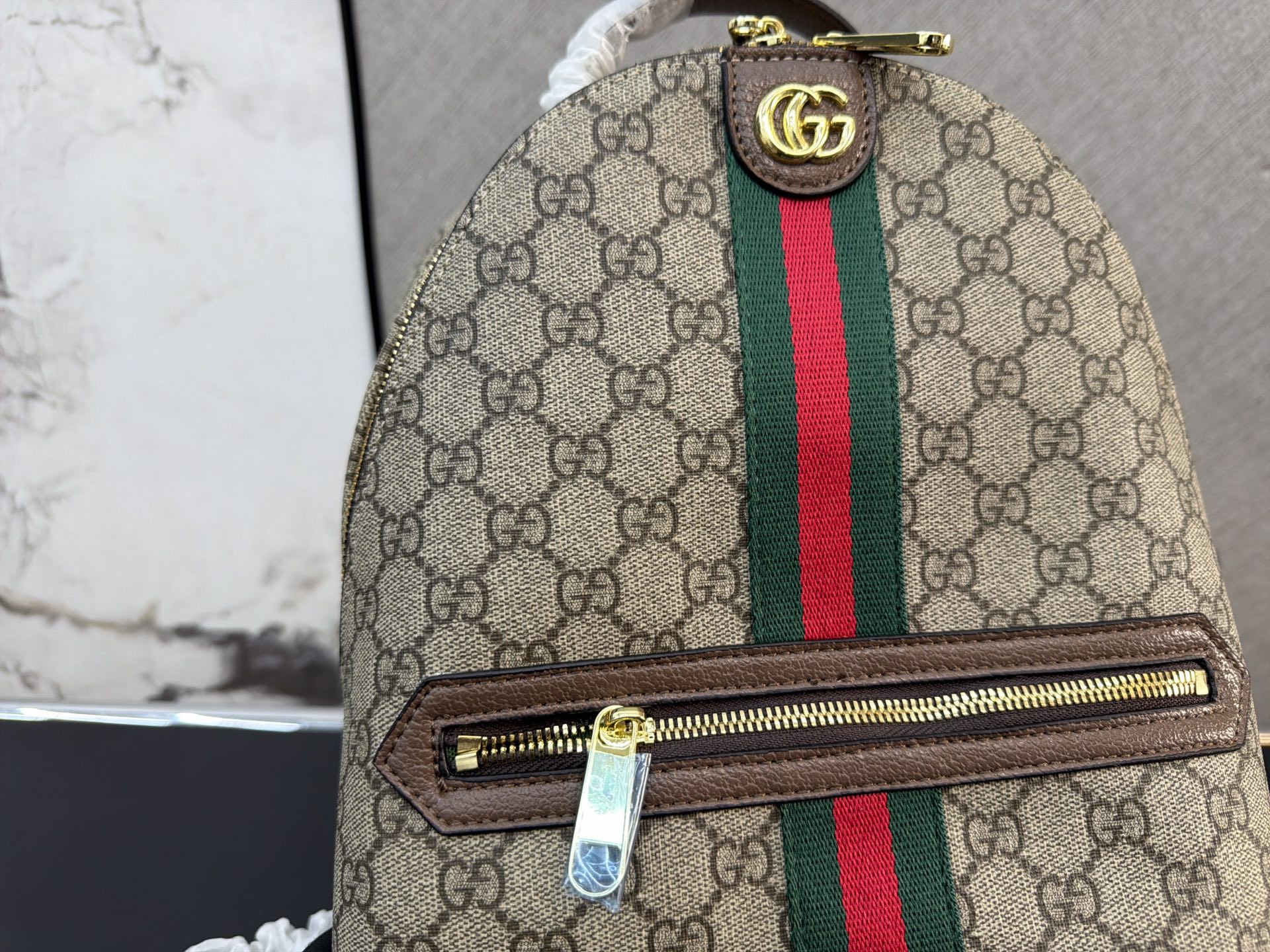Chic Ophidia-Style Monogram Canvas Backpack with Web Stripe, Gold Hardware & Front Pocket
