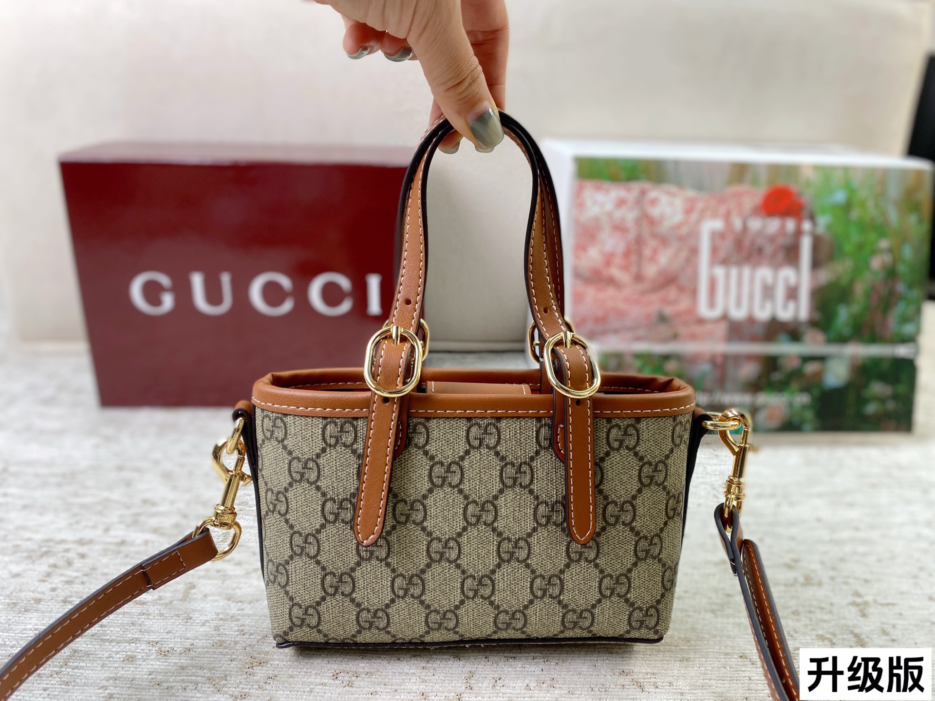 Chic Emblem-Style Mini Tote Bag with GG Canvas, Leather Trim & Detachable Strap (Upgraded Version)