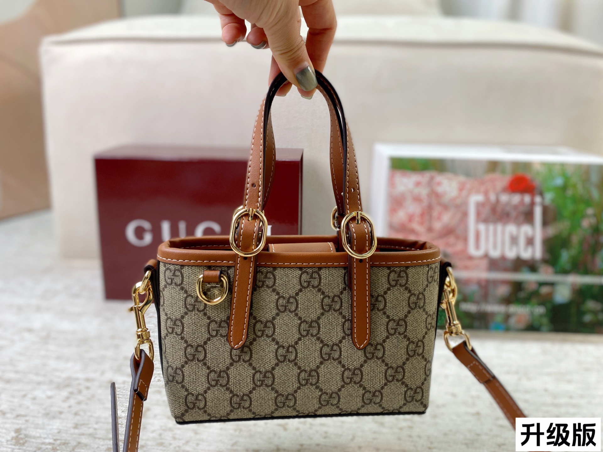 Chic Emblem-Style Mini Tote Bag with GG Canvas, Leather Trim & Detachable Strap (Upgraded Version)