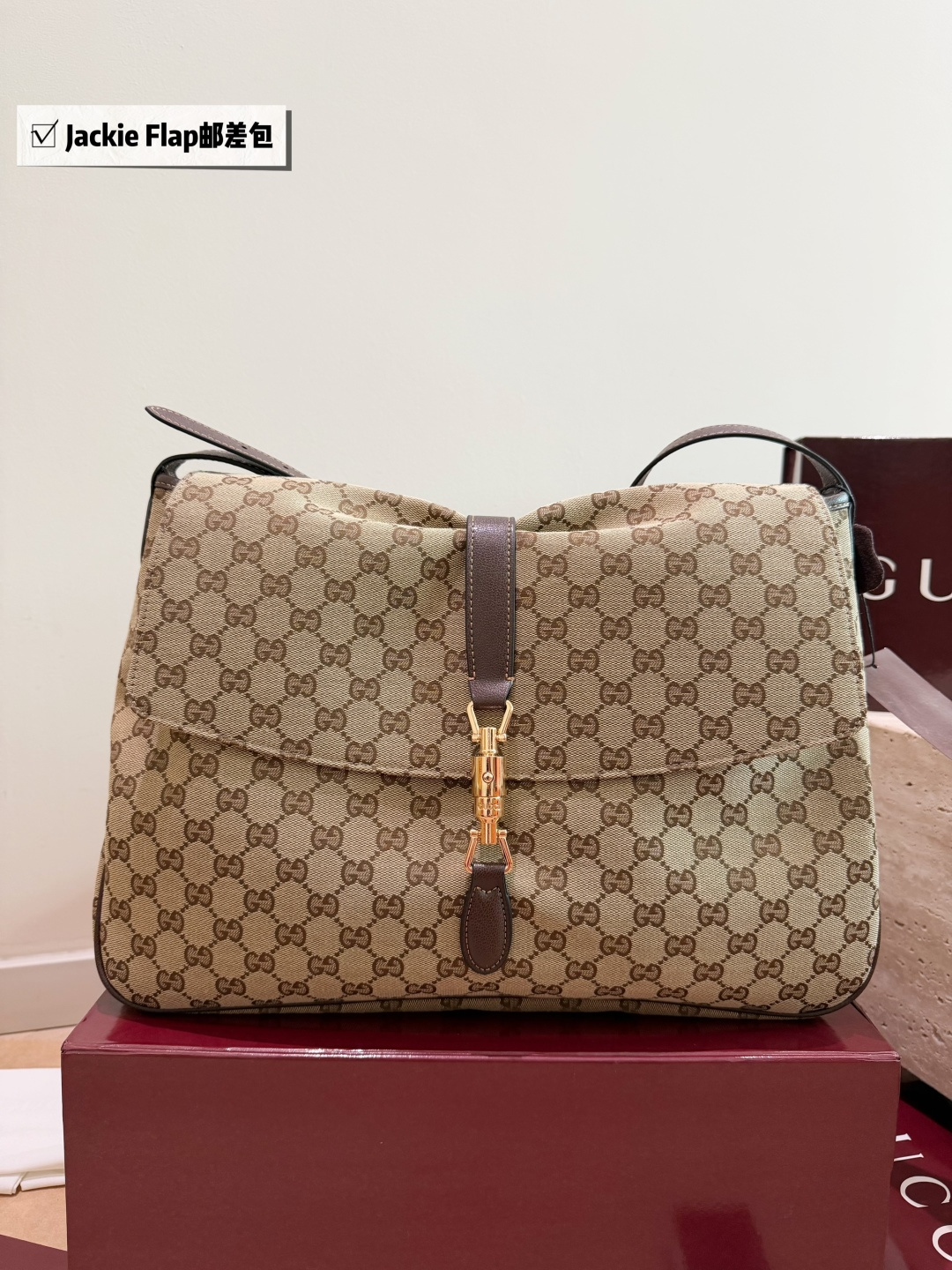Chic Jackie-Style Monogram Canvas Shoulder Bag with Gold Piston Lock & Leather Trim
