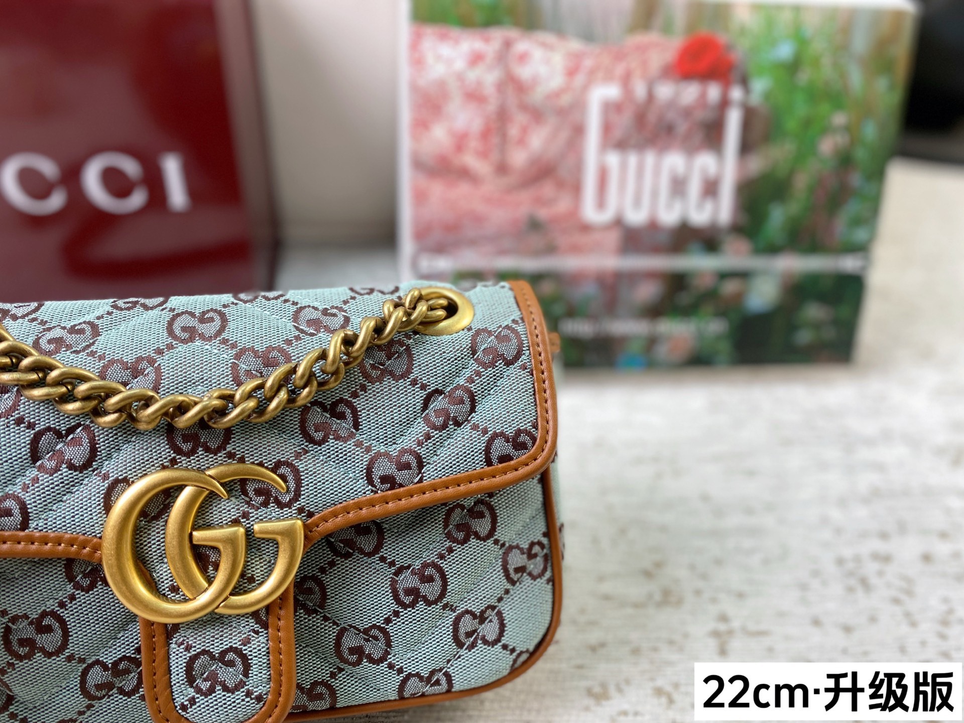 Chic Marmont-Style Denim Canvas Chain Bag with Gold Double G Hardware, Upgraded Version & Full Packaging (22cm)