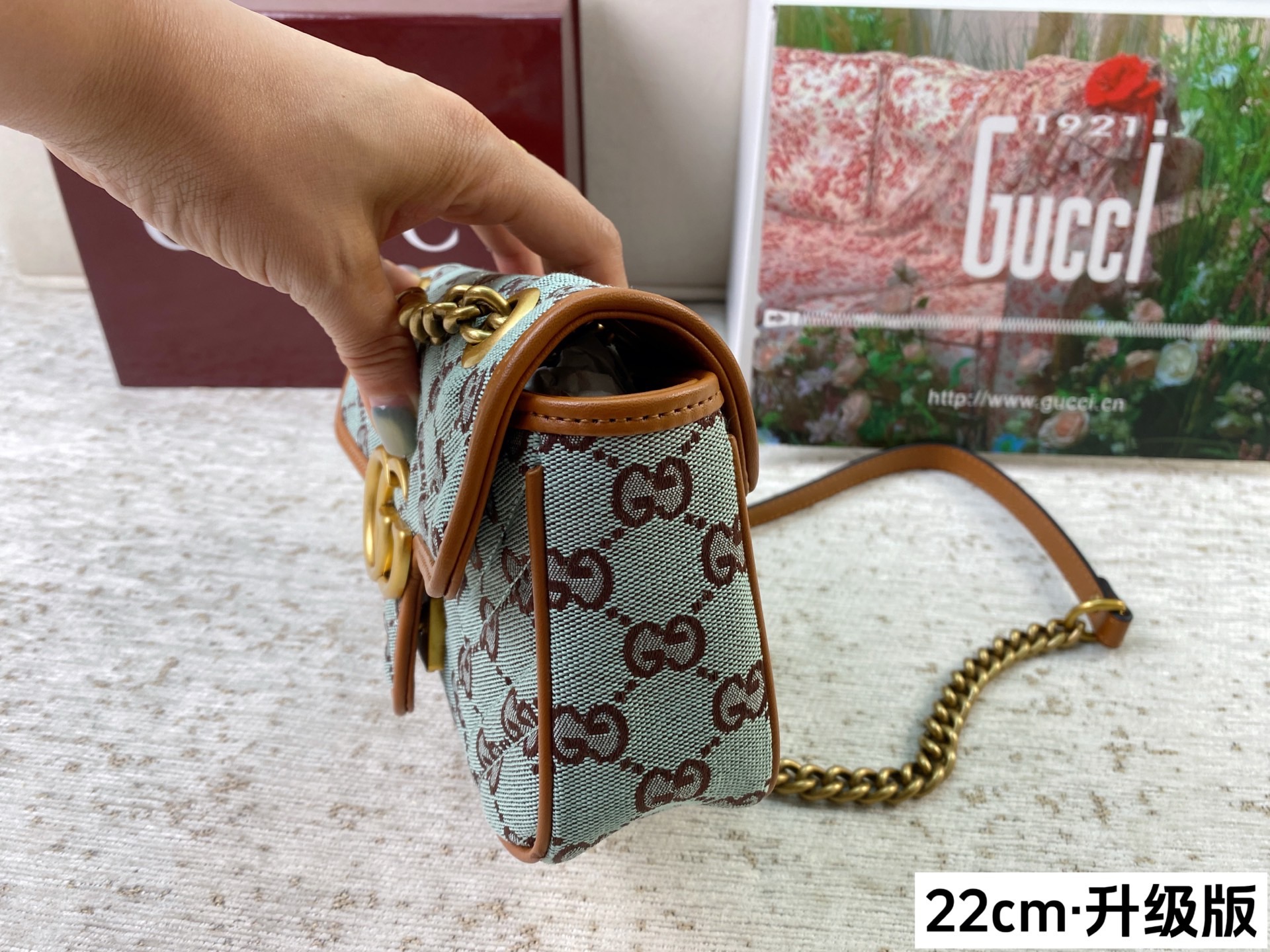 Chic Marmont-Style Denim Canvas Chain Bag with Gold Double G Hardware, Upgraded Version & Full Packaging (22cm)