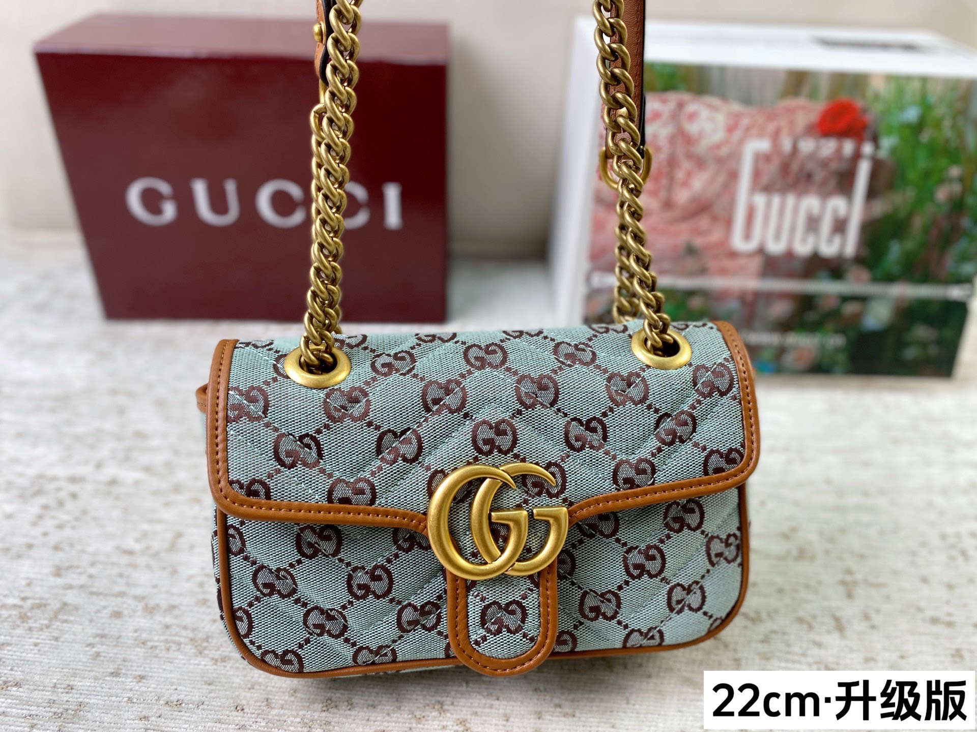 Chic Marmont-Style Denim Canvas Chain Bag with Gold Double G Hardware, Upgraded Version & Full Packaging (22cm)