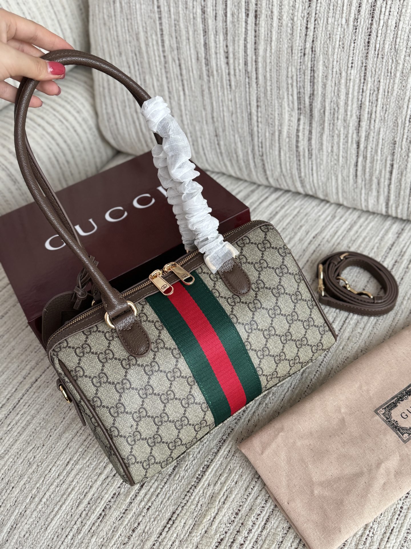 Elegant Borsetto-Style GG Monogram Canvas Boston Bag with Web Stripe, Horsebit Detail & Full Gift Box