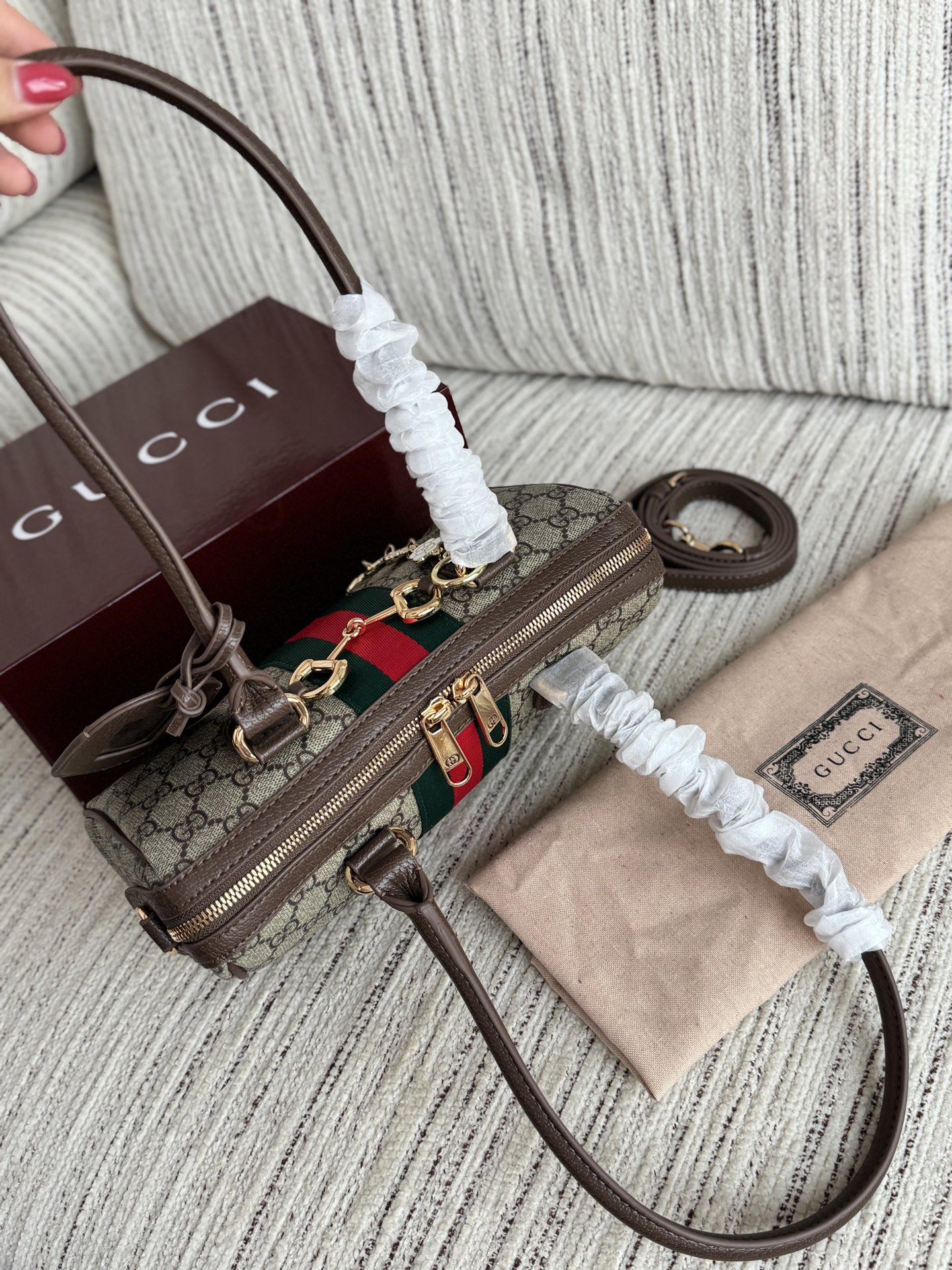 Elegant Borsetto-Style GG Monogram Canvas Boston Bag with Web Stripe, Horsebit Detail & Full Gift Box