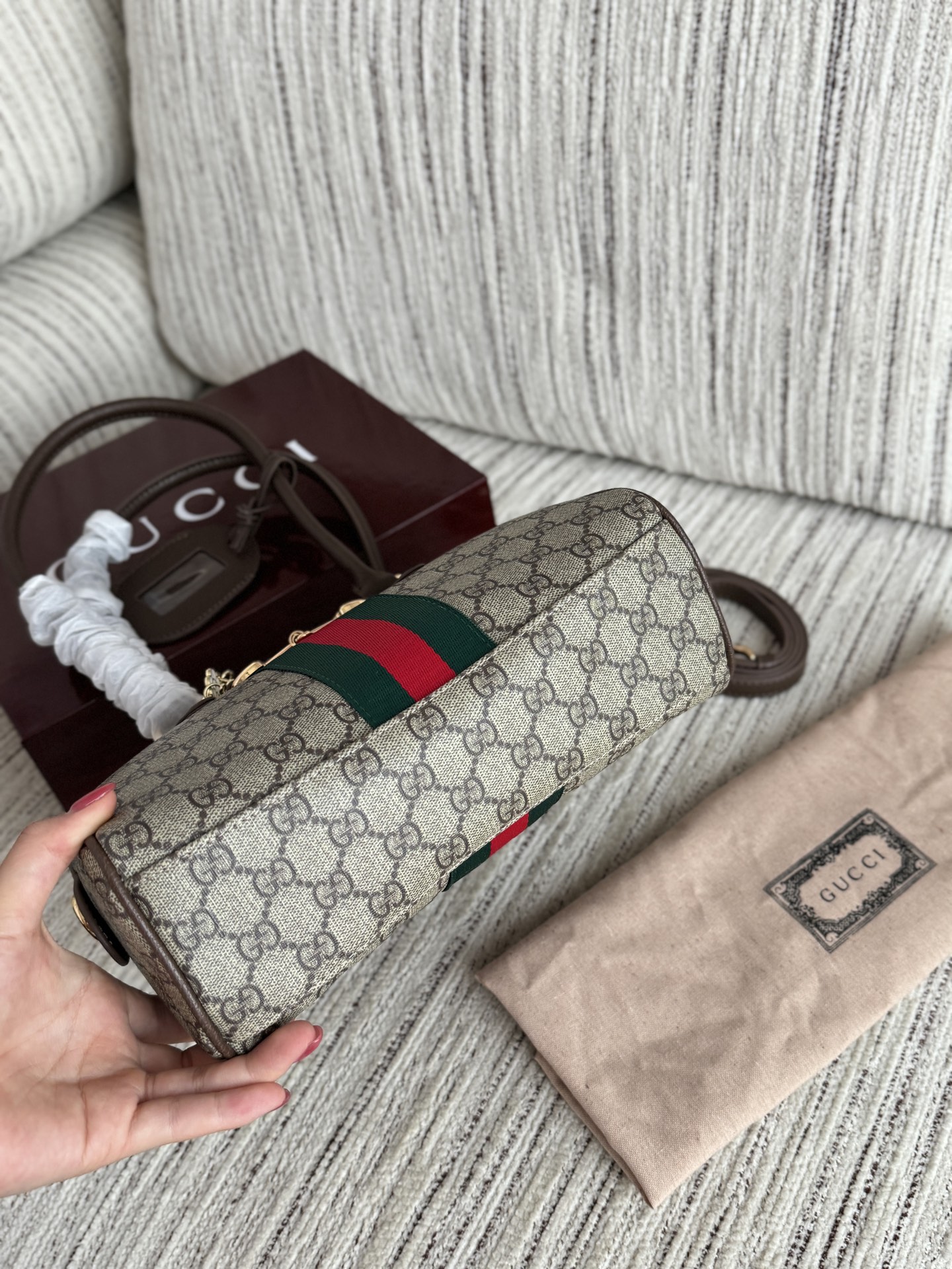 Elegant Borsetto-Style GG Monogram Canvas Boston Bag with Web Stripe, Horsebit Detail & Full Gift Box