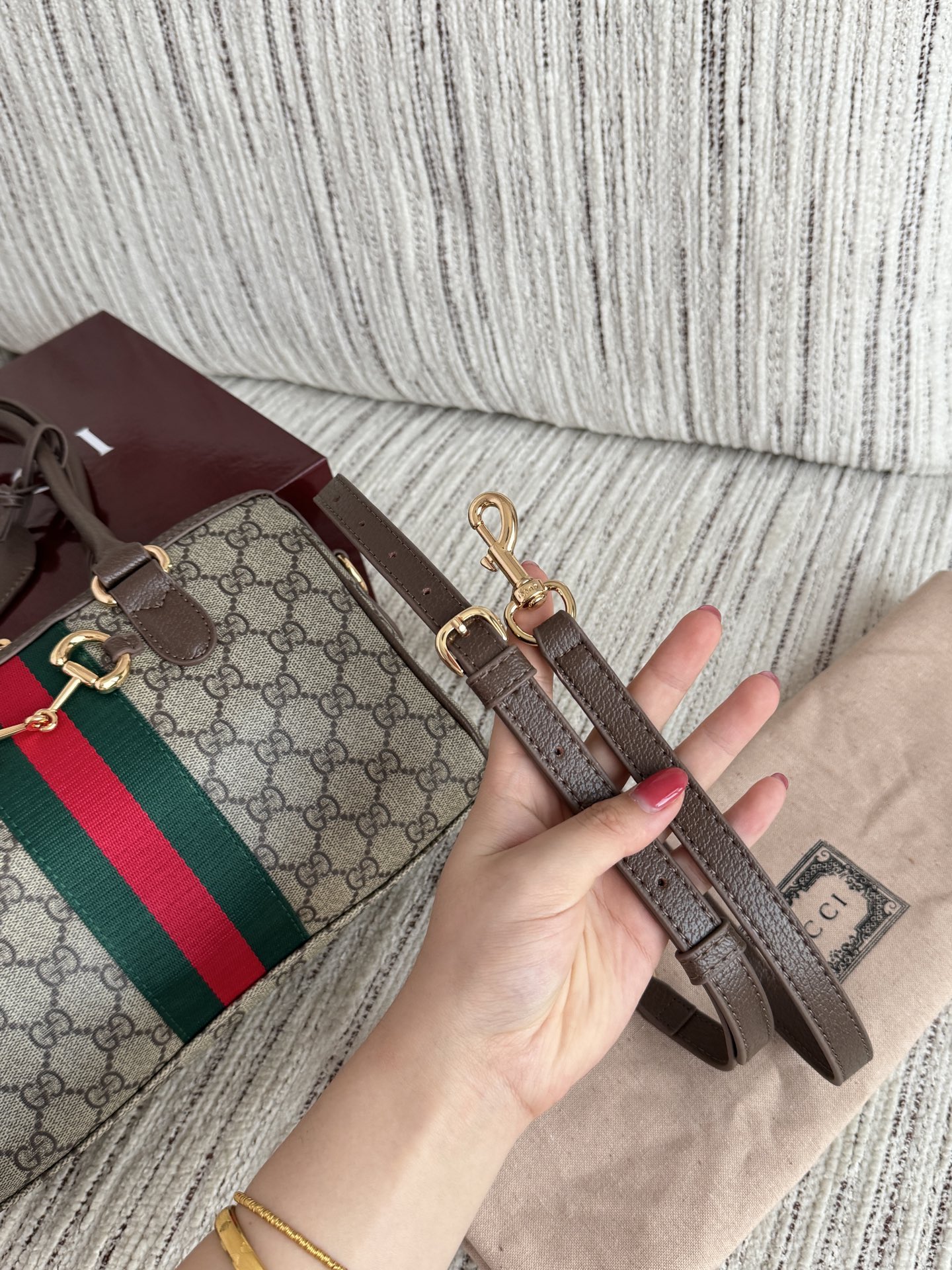 Elegant Borsetto-Style GG Monogram Canvas Boston Bag with Web Stripe, Horsebit Detail & Full Gift Box