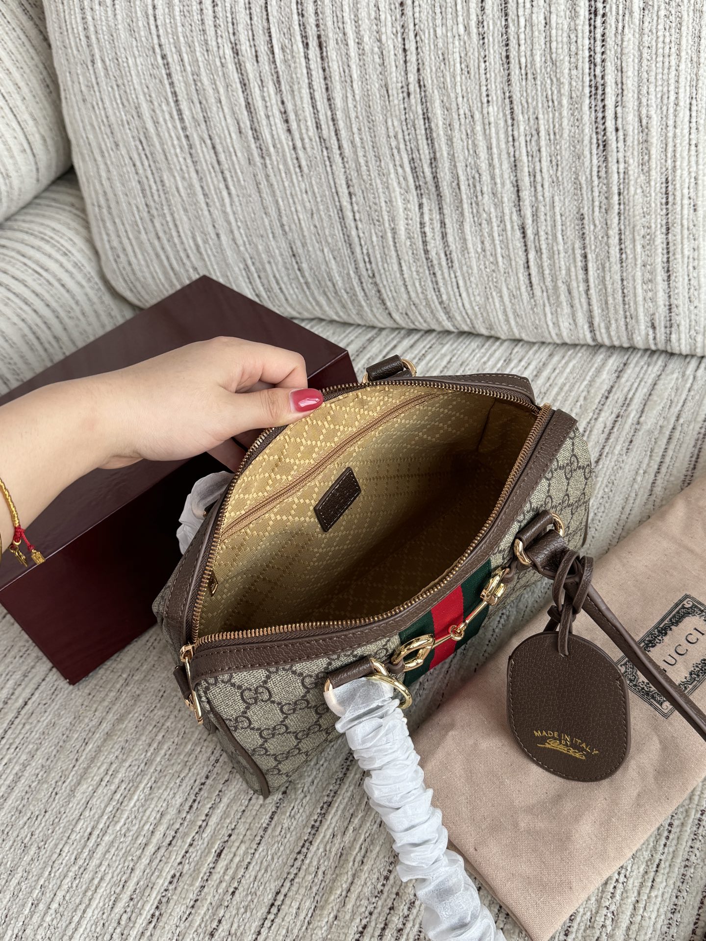 Elegant Borsetto-Style GG Monogram Canvas Boston Bag with Web Stripe, Horsebit Detail & Full Gift Box