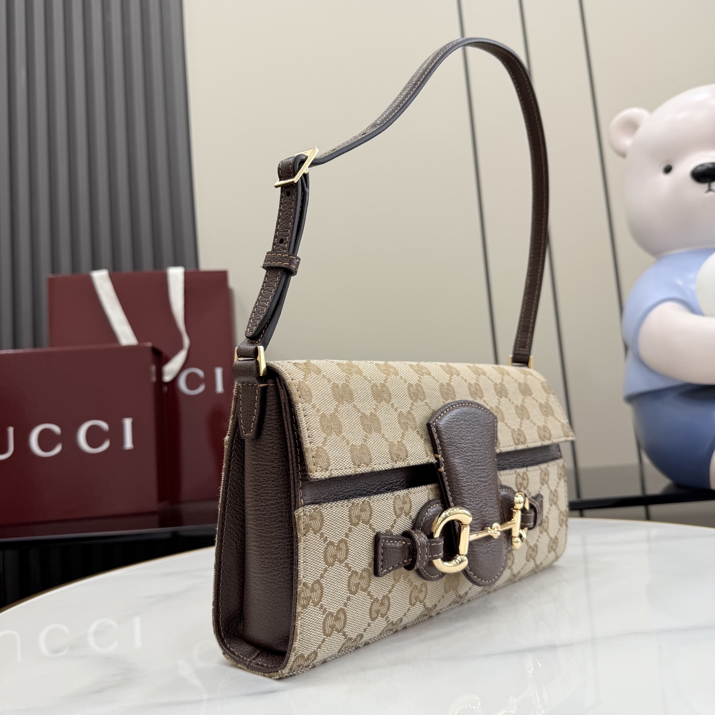 Chic Horsebit Ristretto-Style GG Canvas Shoulder Bag with Adjustable Leather Strap & Full Packaging