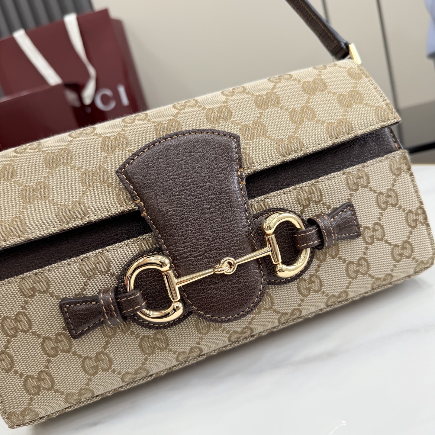 Chic Horsebit Ristretto-Style GG Canvas Shoulder Bag with Adjustable Leather Strap & Full Packaging