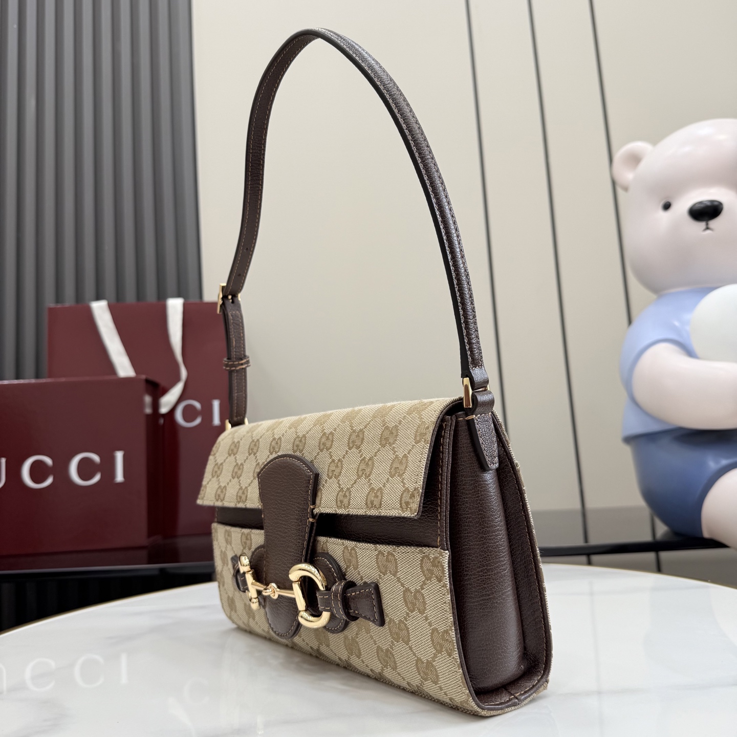 Chic Horsebit Ristretto-Style GG Canvas Shoulder Bag with Adjustable Leather Strap & Full Packaging