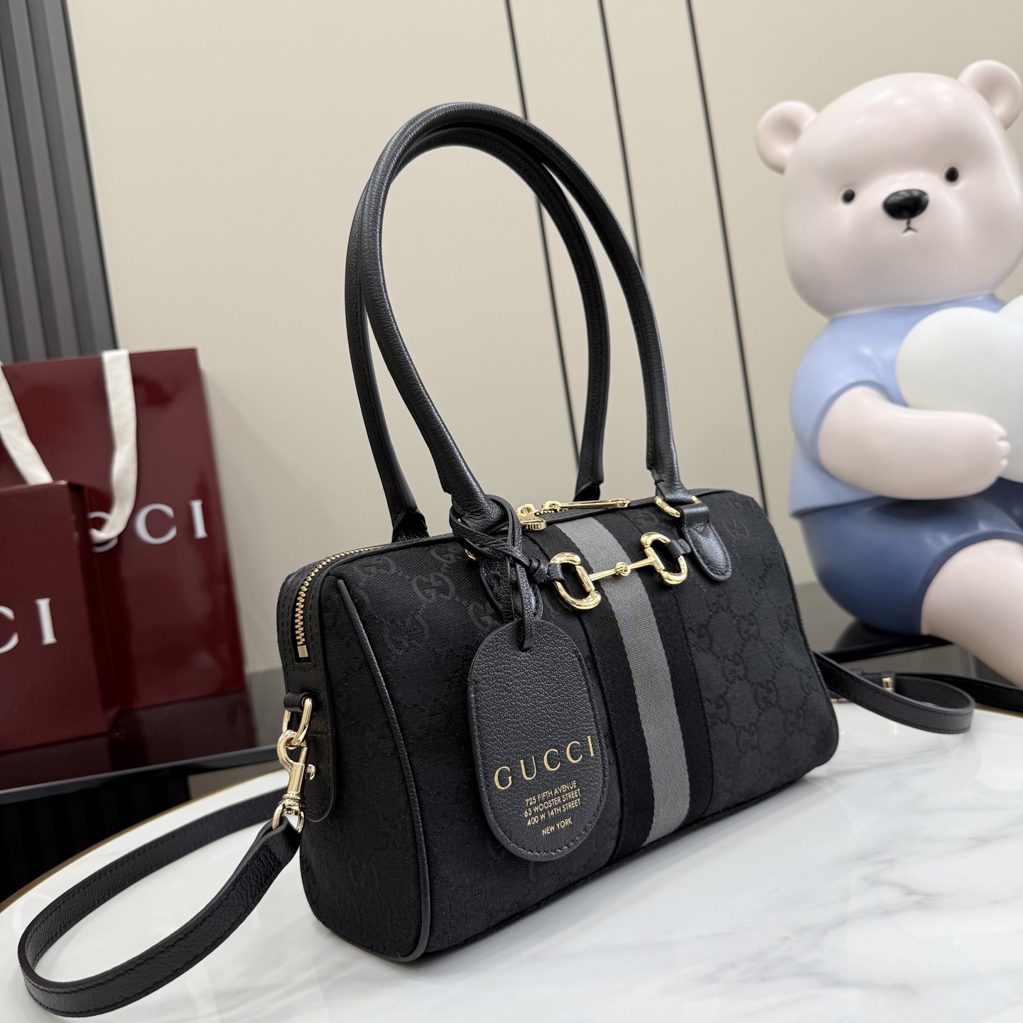 Chic Borsetto-Style GG Canvas Handbag with Horsebit Detail & NY City Tag (Black/Grey)