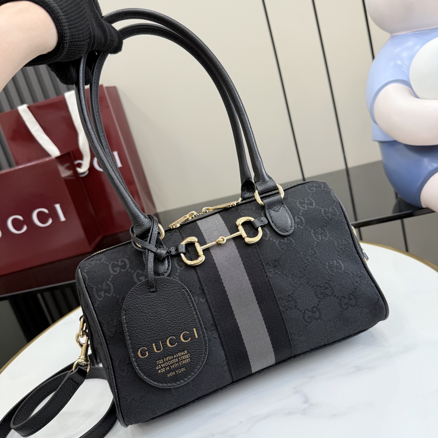 Chic Borsetto-Style GG Canvas Handbag with Horsebit Detail & NY City Tag (Black/Grey)