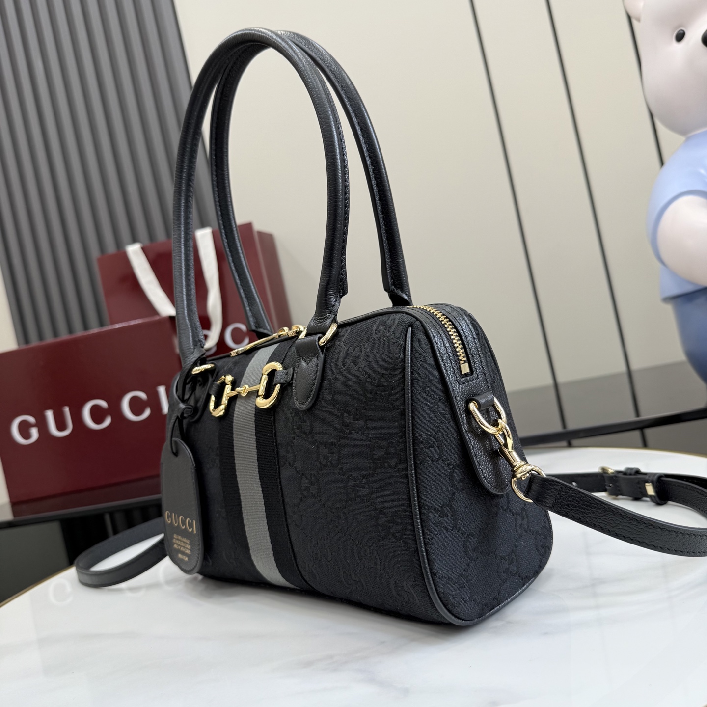 Chic Borsetto-Style GG Canvas Handbag with Horsebit Detail & NY City Tag (Black/Grey)